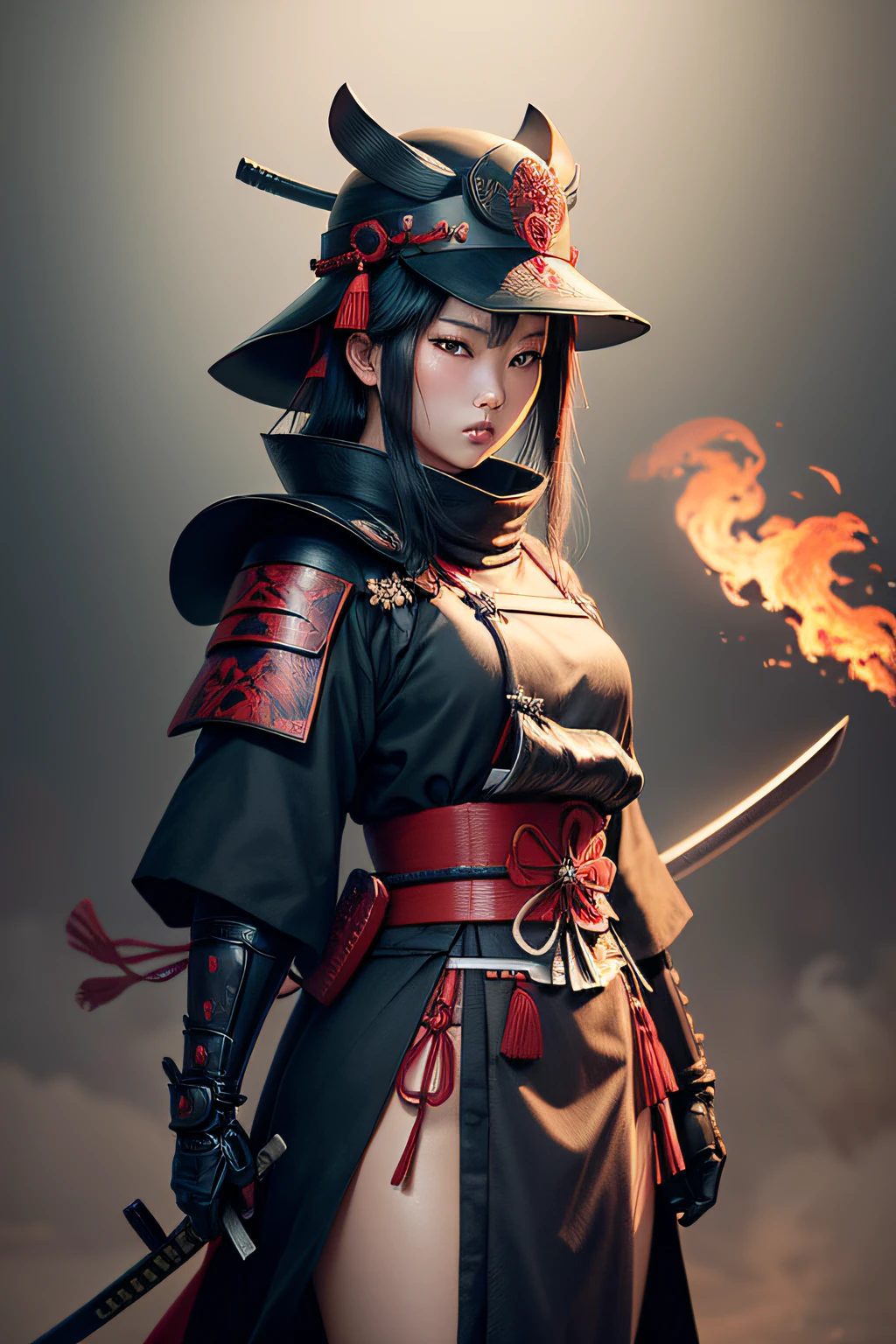 Beautiful Japanese woman from the front, Samurai helmet mask, ghost of tsushima, Coolie Hat Black with red ribbon, highly detailed image, full body, Samurai sword. By leandrojsj