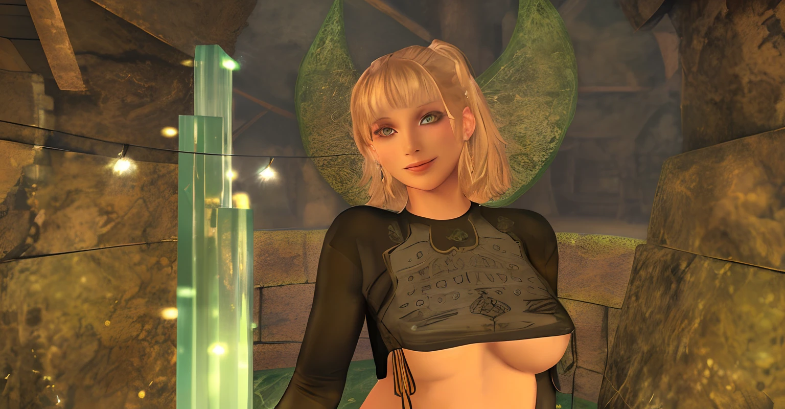 there is a beautiful woman, with blonde hair, black shirt, green eyes, medieval, crystal, lights in the background, smile