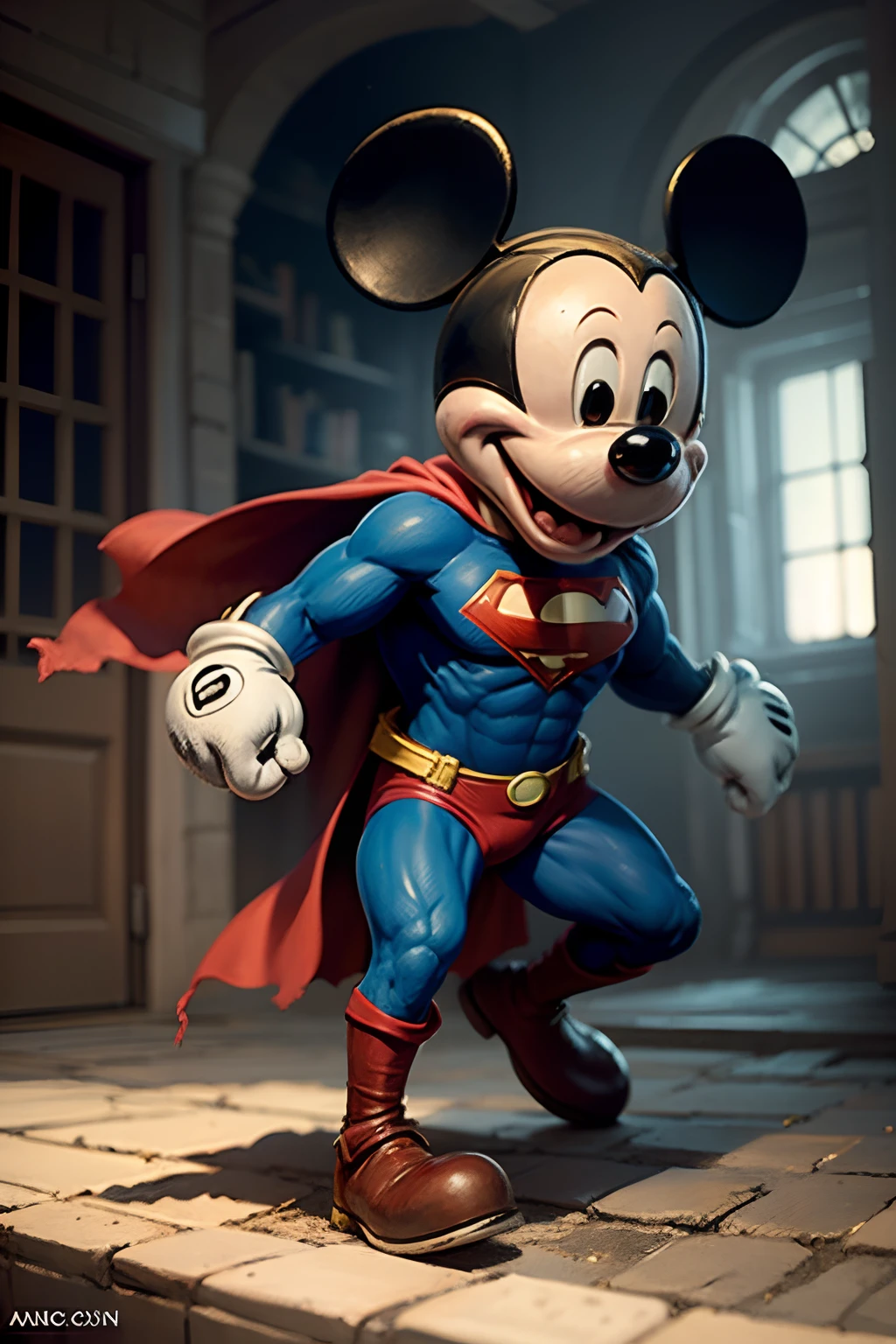 Mickey wearing a superman suite, blue light