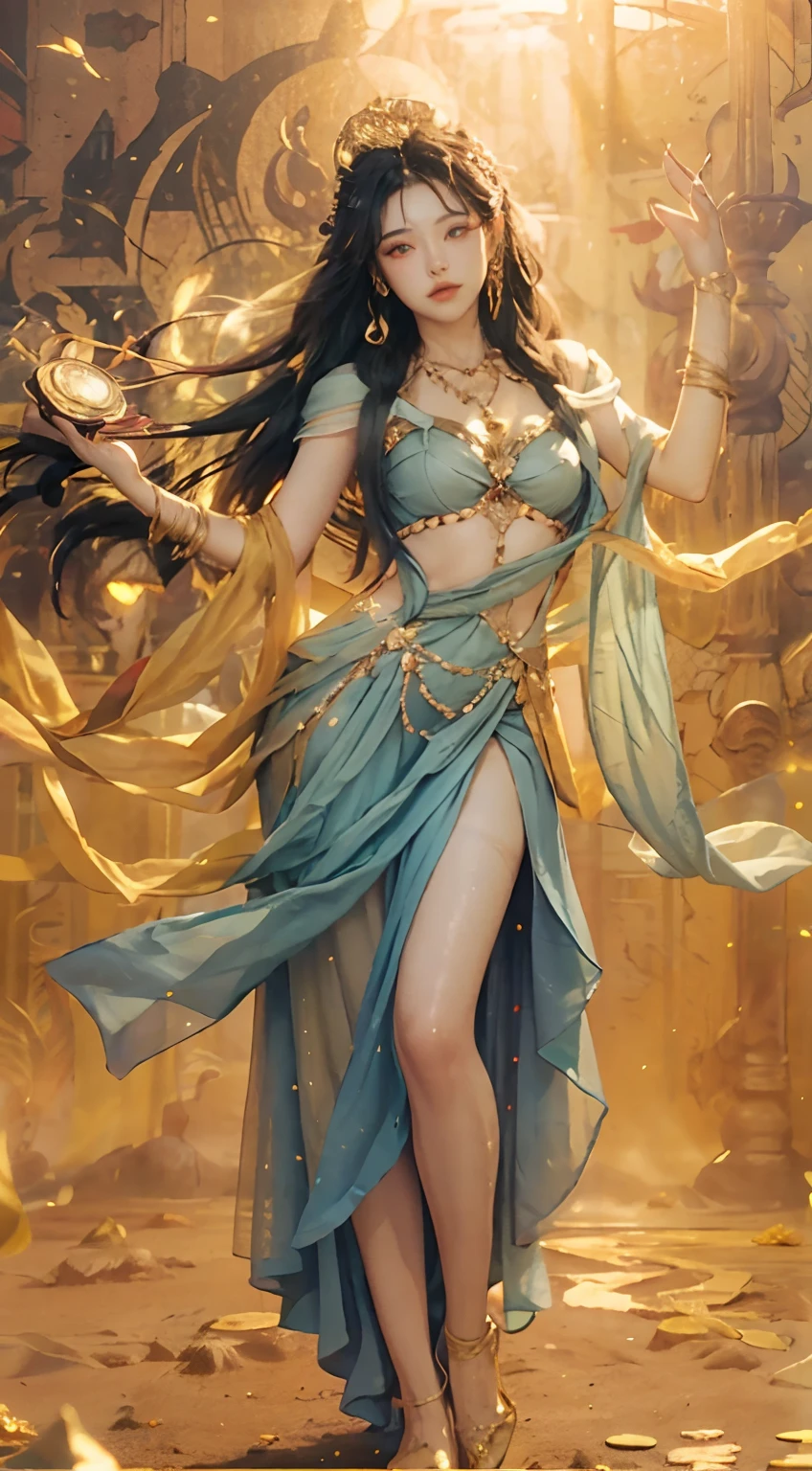 Full body shot, illustration, film light, fantasy, highest quality, super detailed, best quality, masterpiece, (detailed face), tall sexy mature woman, dress made of gold coins chained together, glowing quicksand, floating embers Crystals, golden hair accessories, metal that reflects sunlight, (body focal length: 1.25), clear blue sky, desert ocean in the background, long curly hair, golden eyes, magic, darkness, light reflection