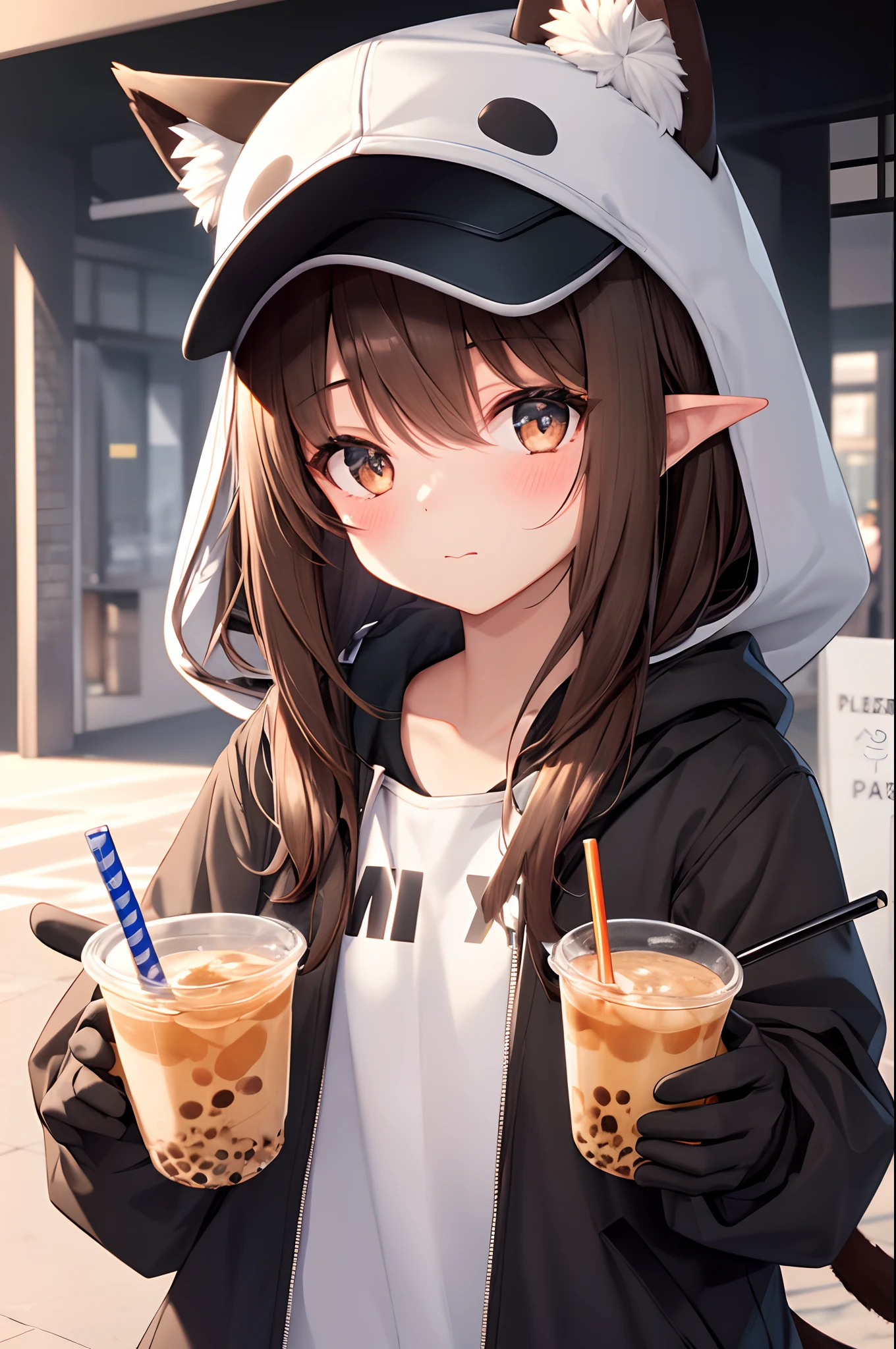 Memphis,1girl, big eyes,solo, jacket, animal ears, gloves, tail, upper body, hat, holding, brown hair, open jacket, drinking straw, black gloves, open clothes, long hair, pointy ears, black jacket, bubble tea, brown eyes, looking at viewer, shirt, baseball cap, holding cup, hood, hooded jacket, hair between eyes, blush, white shirt, animal ear fluff, ears through headwear, bangs, heart, cute and adorable cartoon