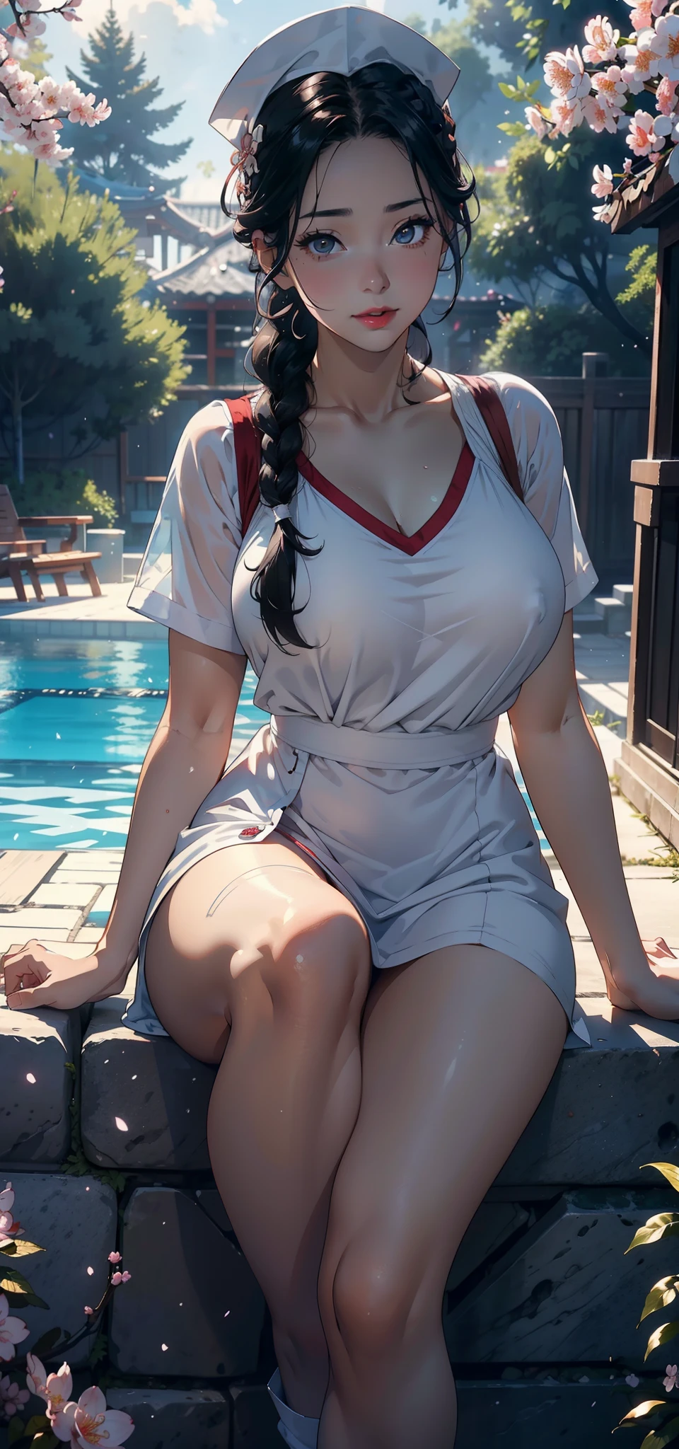 1female,35yo,plumw,extremely large bosom, 独奏,(Background with:,Cherry blossom forest,Deep in the forest,hospitals,)Sitting on the rocks of the pool, She has short black hair,standing on your feet,seen from the front, Twist braids, mostly cloudy sky,(((tmasterpiece),(Very detailed CG unity 8K wallpaper),best qualtiy,cinmatic lighting,detailed back ground,beatiful detailed eyes,Bright pupils,Black eyes,Snow-whiteskin,Redlip(Very fine and beautiful),(Beautiful and detailed eye description),ultra - detailed,tmasterpiece,))facing at camera,A high resolution,ultra - detailed),revealing breasts,Bare genitalia, Bulge,legs are open,Raised sexy,Camel toes,Flushed complexion,Desire for dissatisfaction,frontage,nurses,White transparent apron,Nurse hat,Red Cross Mark
