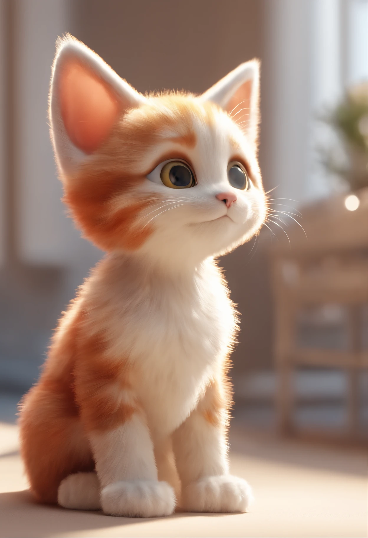 One cute white kitten sitting next to a cute red-haired puppy