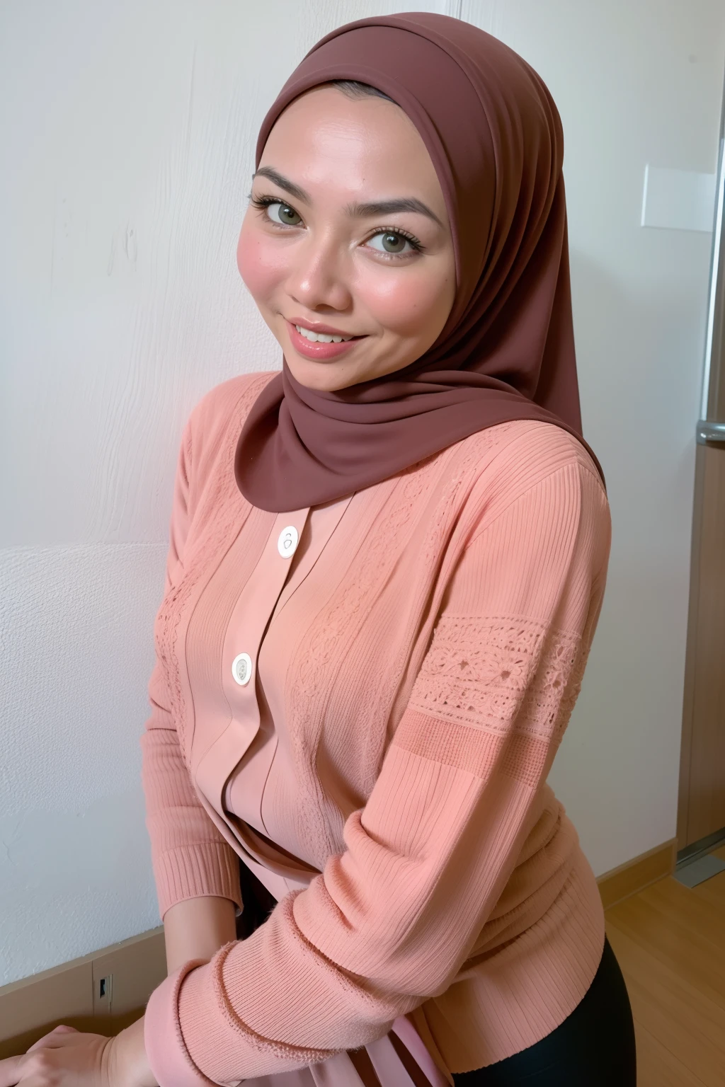1 malay girl , (modern plain cream hijab) , smile, medium portrait shot , watery eyes , glow blue eyes,Fashion model pose、Floating hair, sexy sweater、Jeans、Pendants white modern hotel bedroom background, bright front light, breast grab pose, ((big tits:1.3)) , ((excessive cum:1.2)), Prenegant, (((sexy pose milf))) ,perfect scene