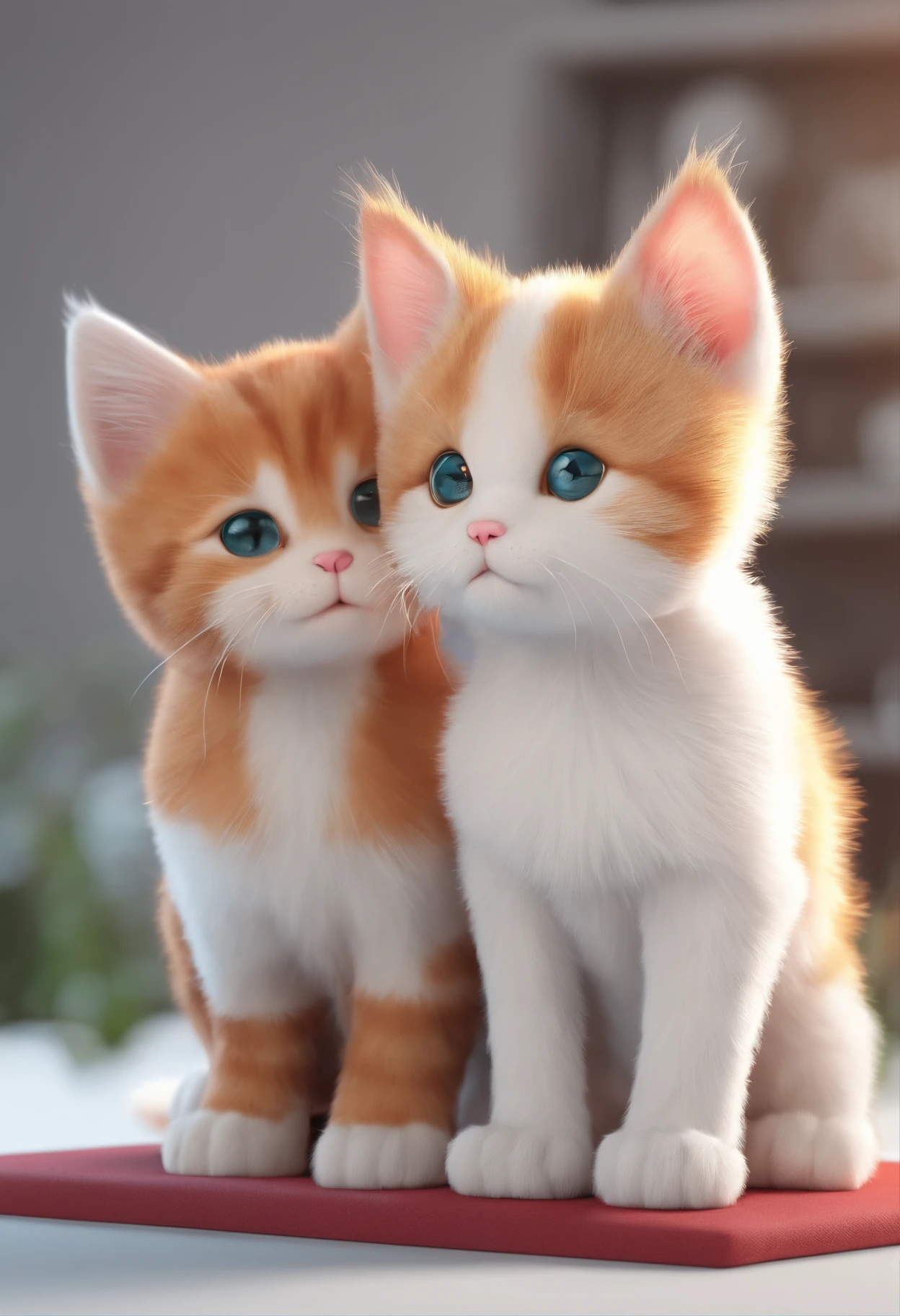 One cute white kitten sitting next to a cute red-haired puppy