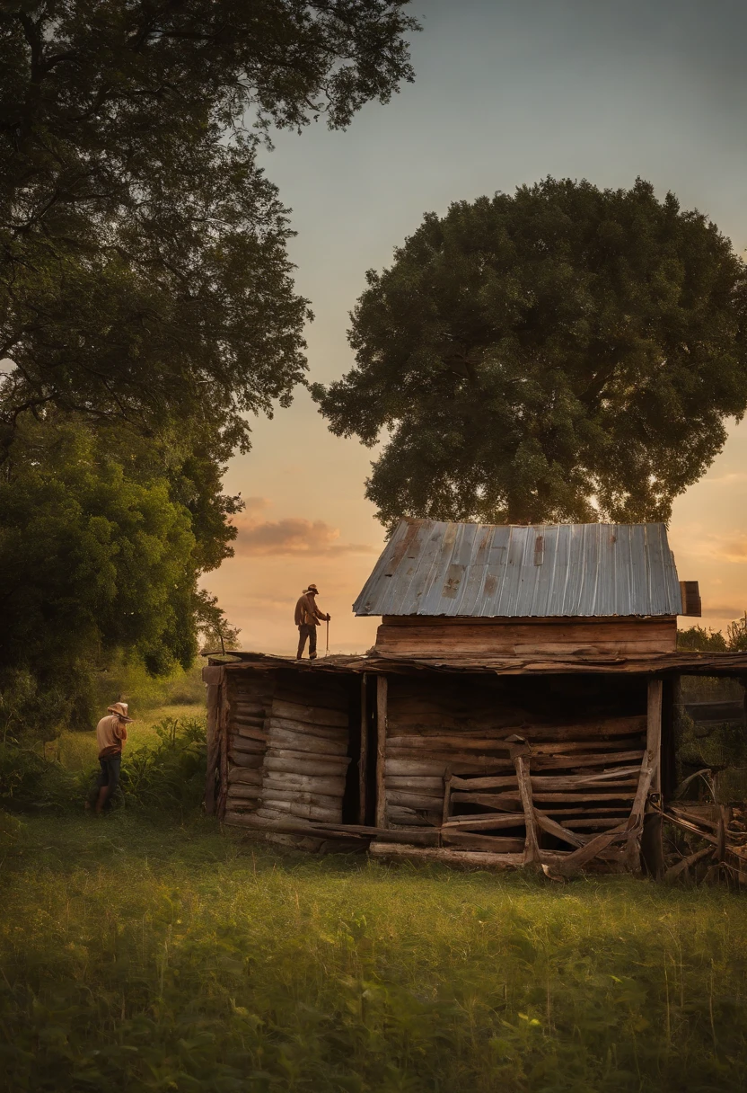 Silhueta de um homem que trabalha nos campos, against the radiant sunset, captured from a distance, vast farm and sky dominating the picture, Well-defined sketch of the lone farmer, Tons dourados quentes, Dedicated workforce, breath-taking sunset, sol descendente, colorfull sky, Shadows Dramatic, Fazenda extensa, fertile lands, beleza rural, agricultor trabalhador, artist's interpretation, 8k, master part, fotorrealismo