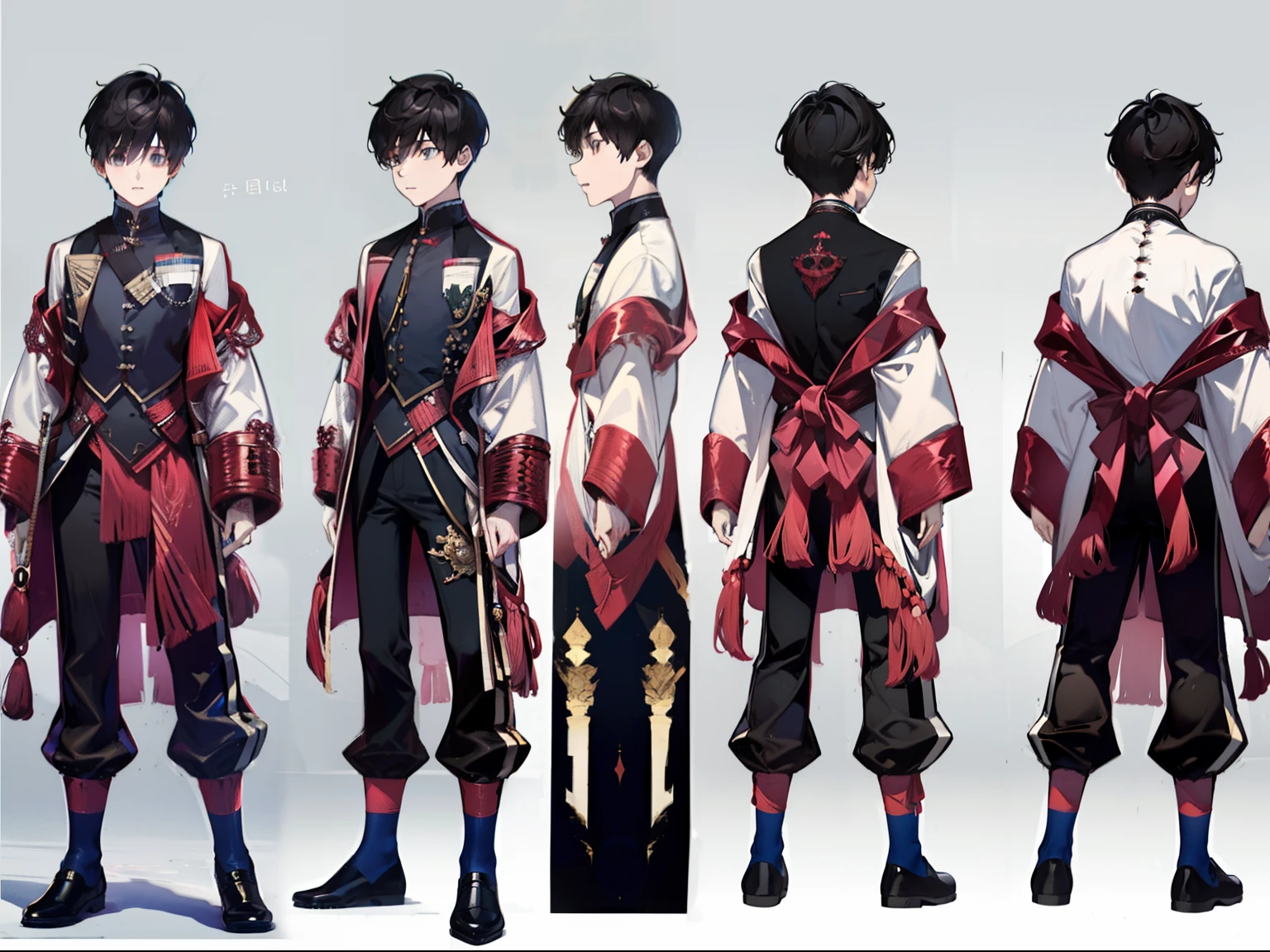 of a guy，Short black hair，Cute looking，tight vest，Wide robe，shorter pants，leather shoes，full bodyesbian！！，（CharacterDesignSheet），Same role，Multi-perspective，