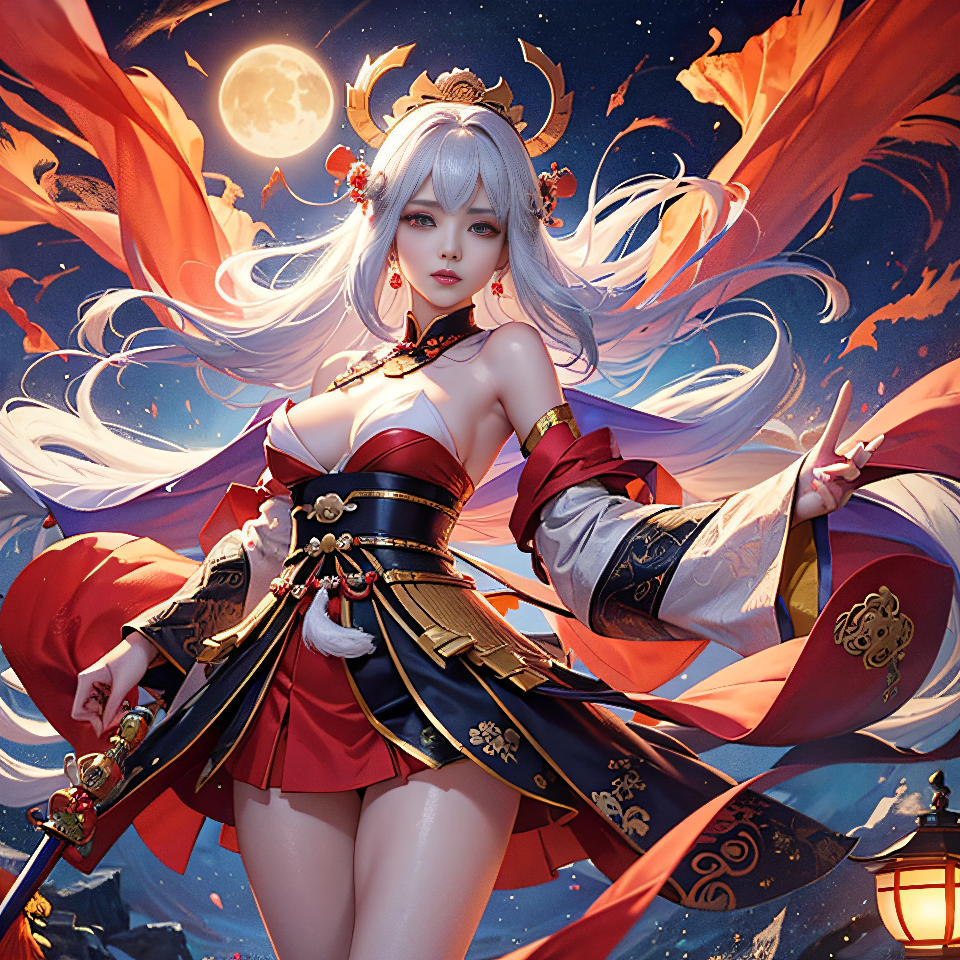 (The 8k quality: 1.3), (Top image quality: 1.2), 1 female, (Face Details), Perfect face, Sexy face shapes, Unique, (overall detail detail: 1.4), (imperial water), Chinese Hanfu, Flowers, perfect combination of dream and fairy, (masutepiece: 1.2), Tang Dynasty oversized clothing mopping, Tang Dynasty exquisite accessories, diadems, served look, Proud, Wonderful, Beauty, overall center alignment, Beautiful scenery, Red lantern, Smoke, illusion, Soaring, red carp, imperial sword, clothes floating, inflatable airflow, killing enemies, Doppelganger, Flower art, White hair colourfull、highestdetailed Tsukiyomi Dojin, Tsukiyo Mizun, Moon incarnation, Supreme God of Japan, The god of ancient Japan and the deification of the moon. Ancestors of the Emperor of the Japan, Shinto deity of Japan, Amaterasu's sister, The background is a shrine of Japan Colossal tits plump udder