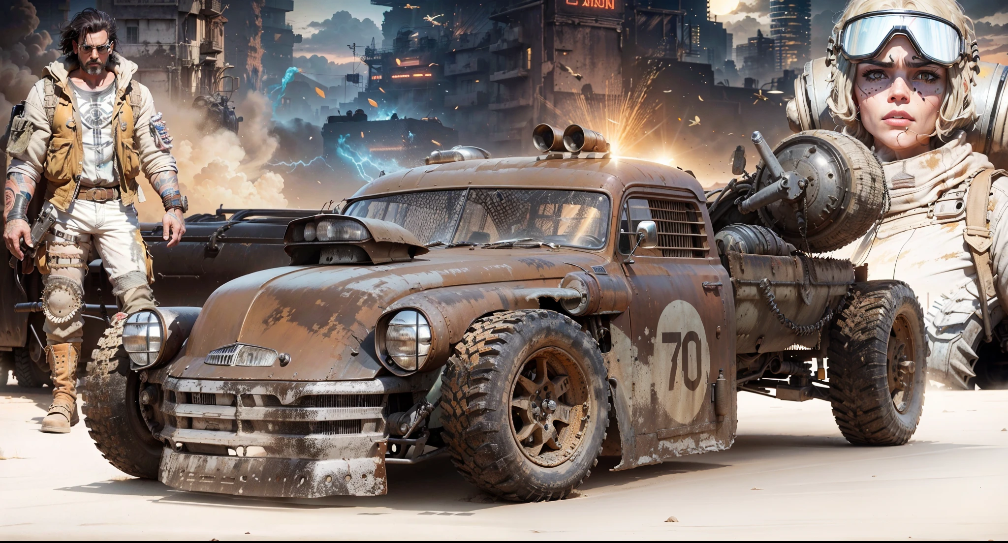 Uma pick up GRUNGE and old todo-poderoso estilo Mad Max com torpedos e turbina, behind a pilot in Mad Max-style clothes and on the other side a beautiful Mad Max-style warrior woman and in the background a city in the middle of the desert with Mad Max-style buildings and constructions, The whole scene is in orange yellow hues of the dry desert with a sun shining in the sky