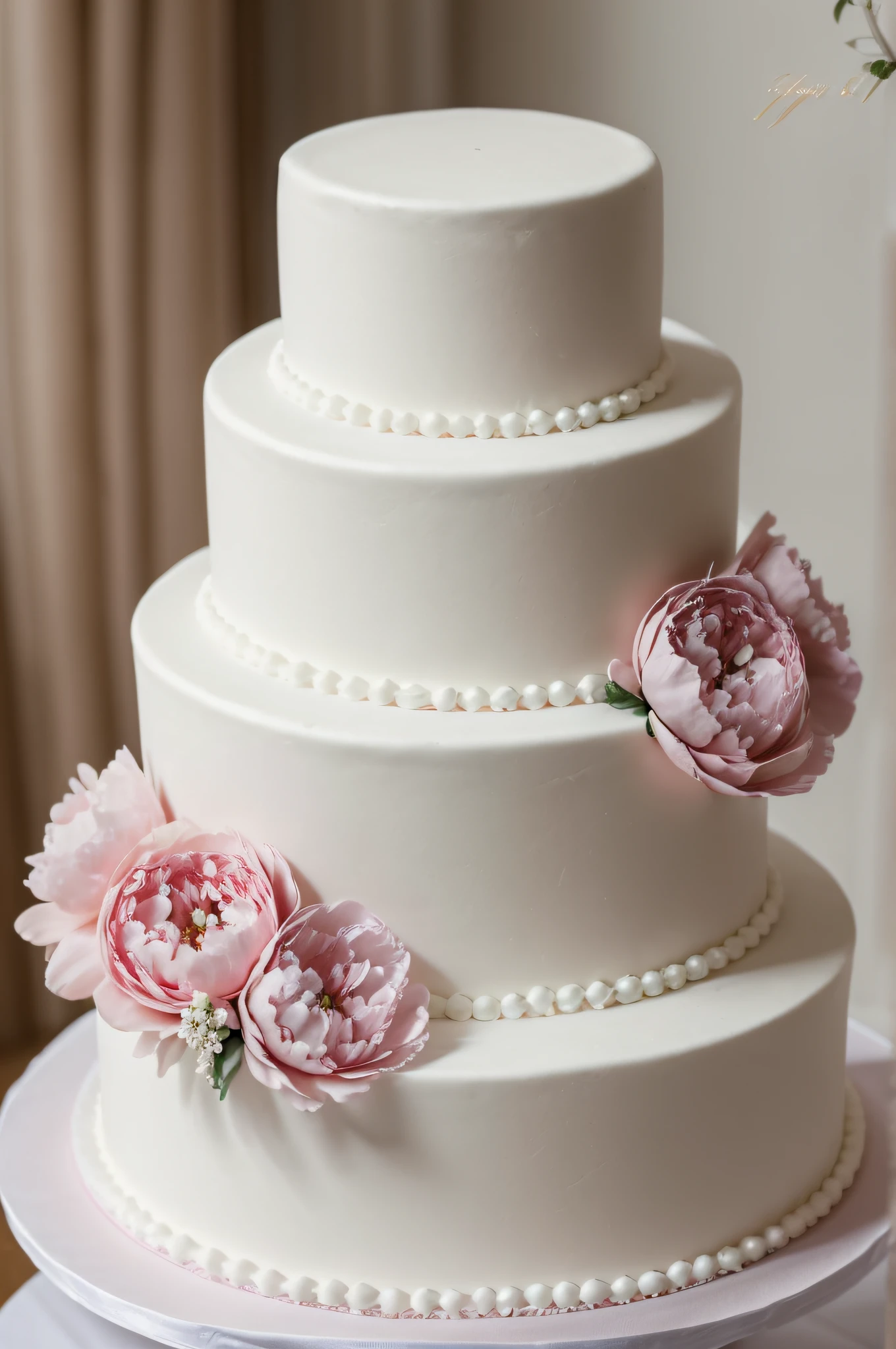 ((masterpiece)) a white wedding cake, with peony details on top, some shade blue and blush pink flowers, delicate, ((no_humans)), only the cake, some decoration around, delicate white decoration, ultrarealistic, full hd