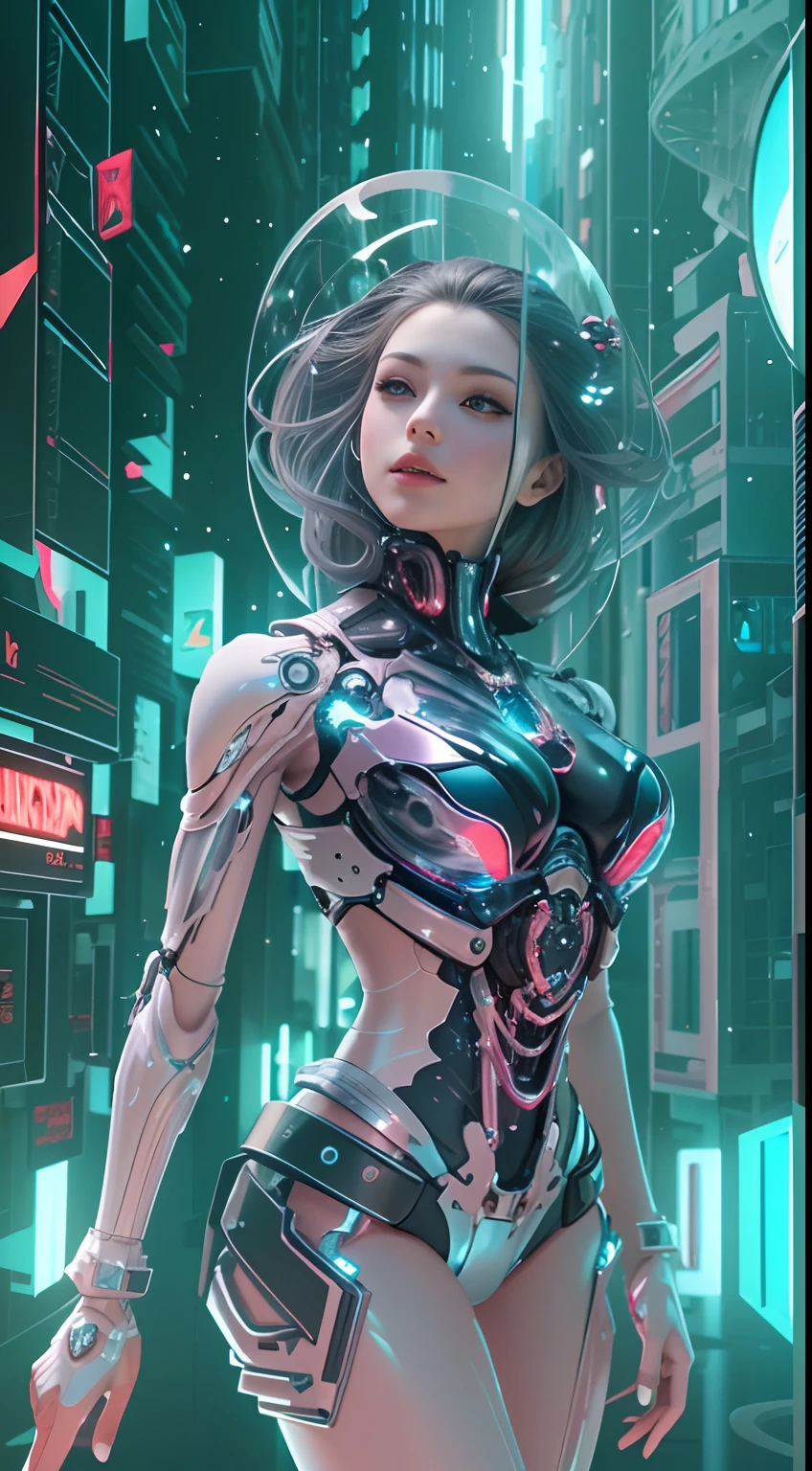 Translucent ethereal mechanical girl，Futuristic girl，Mechanical joints，futuristic urban background，ModelShoot style, (Extremely detailed Cg Unity 8K wallpapers), Abstract stylized beauty,，surrealism, 8K, Super detail, Best quality, Award-Awarded, Anatomically correct, 16k, Super detail