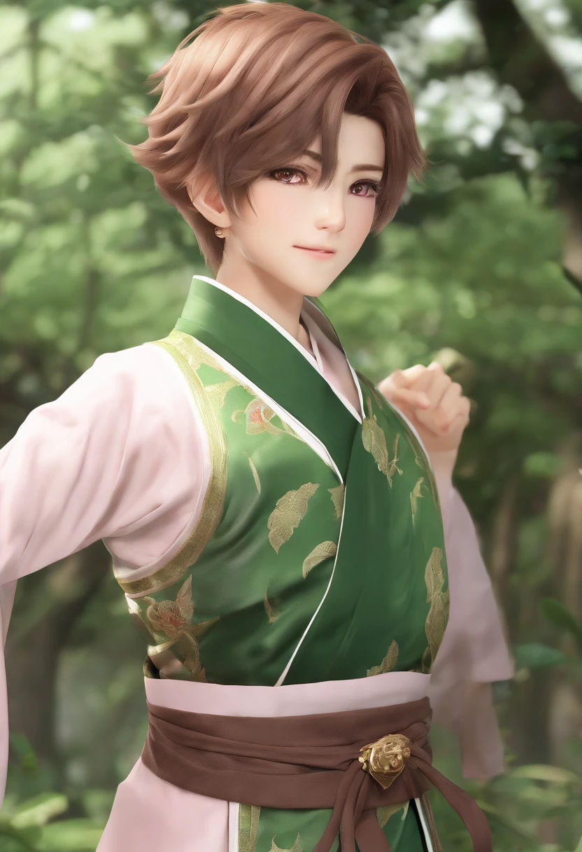 (Best Quality:1.5), (Ultra Highres) Din Takanashi, Green and pink oriental outfit, Character sheet, Full body, Character model, all angles, 8k, boy: 14 years old, completely short brown undercut hairstyle, detailed anime style face, brown iris. (Action: Running persistently), (Expression: Scared), (Status: tired), (Mouth:Grinding your teeth).