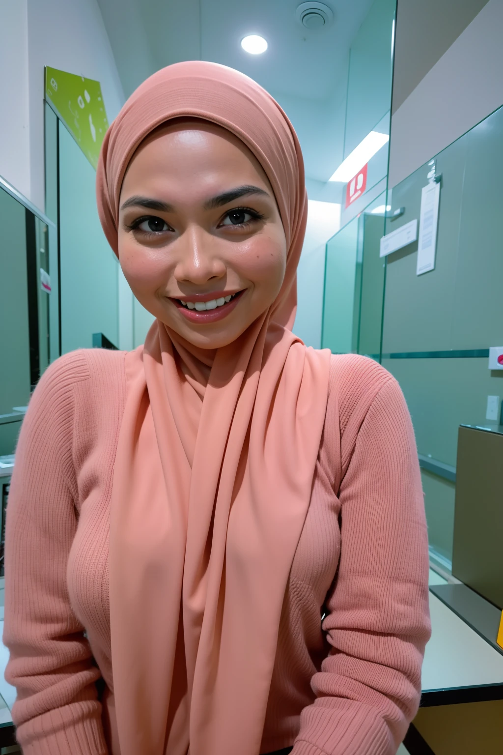 matured malay woman in hijab naked portrait photography, mid shot photo, ultra detail, professional photograph with professional lighting, smile, light blue studio background, sexy seducing pose, slim and slanders, small breast