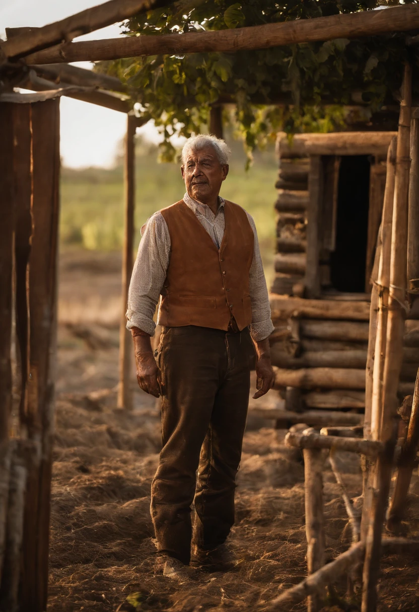 gilson,Silhueta de um homem que trabalha nos campos, against the radiant sunset, captured from a distance, vast farm and sky dominating the picture, Well-defined sketch of the lone farmer, Tons dourados quentes, Dedicated workforce, breath-taking sunset, sol descendente, colorfull sky, Shadows Dramatic, Fazenda extensa, fertile lands, beleza rural, agricultor trabalhador, artist's interpretation, 8k, master part, renderizado