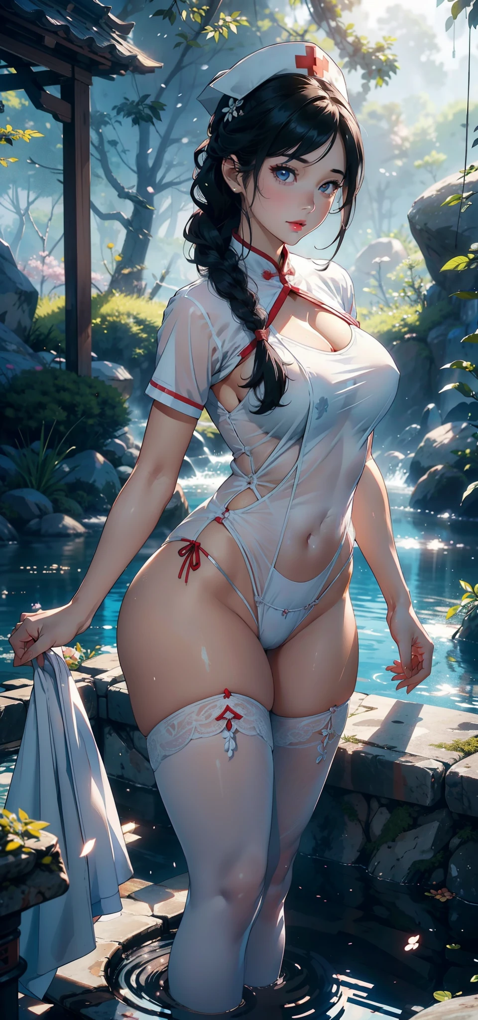 1female，35yo，plumw，extremely large bosom， 独奏，（Background with：，Cherry blossom forest，Deep in the forest，hospitals，）Standing on the rocks of the pool， She has short black hair，standing on your feet，seen from the front， Twist braids， mostly cloudy sky，（（（tmasterpiece），（Very detailed CG unity 8K wallpaper），best qualtiy，cinmatic lighting，detailed back ground，beatiful detailed eyes，Bright pupils，Black eyes，Snow-whiteskin，Redlip（Very fine and beautiful），（Beautiful and detailed eye description），ultra - detailed，tmasterpiece，））facing at camera，A high resolution，ultra - detailed），revealing breasts，Bare genitalia，  Bulge，legs are open，Raised sexy，Camel toes，Flushed complexion，Desire for dissatisfaction，frontage，nurses，White transparent cheongsam，Nurse hat，Red Cross Mark