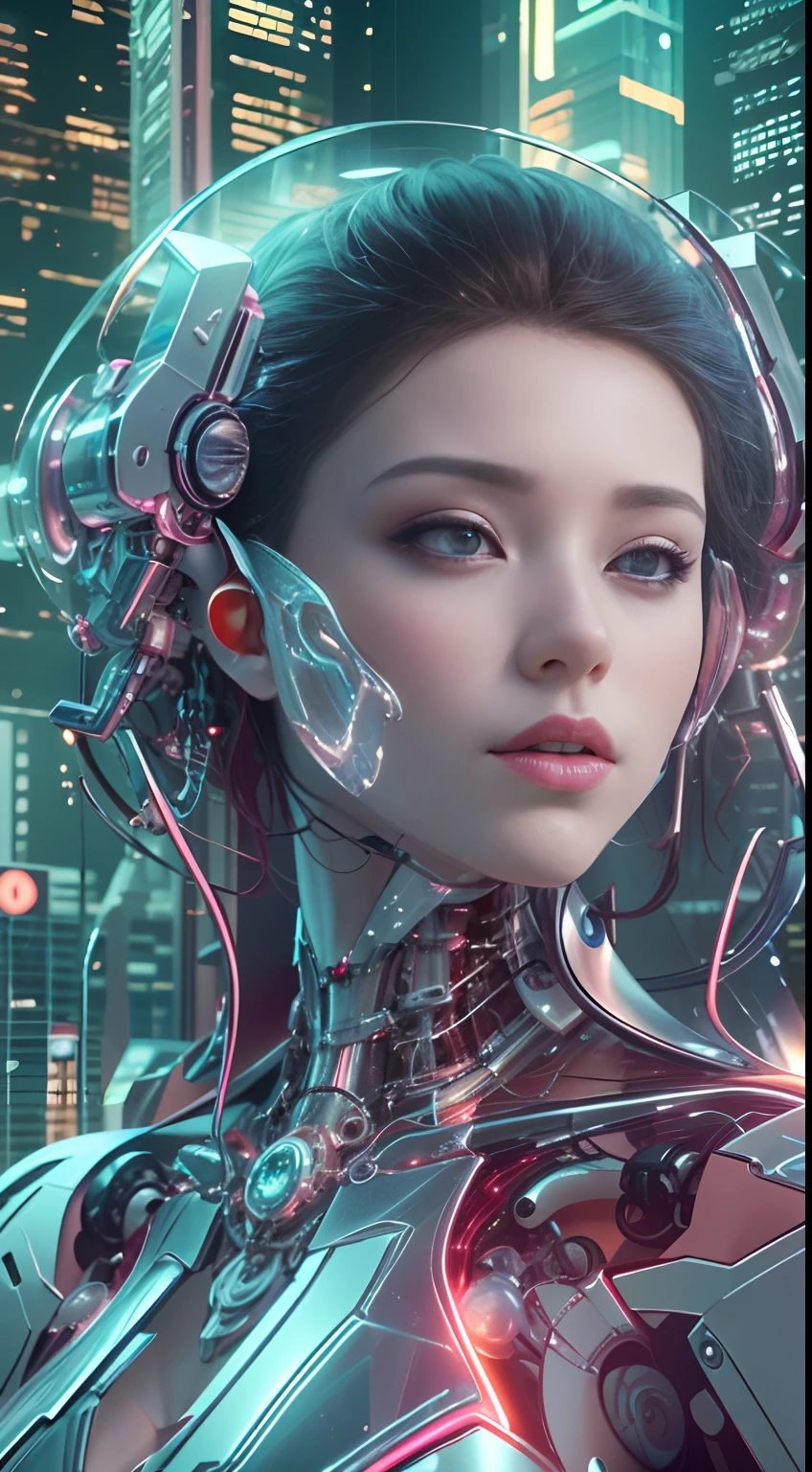 Translucent ethereal mechanical girl,Futuristic girl,Mechanical joints,futuristic urban background