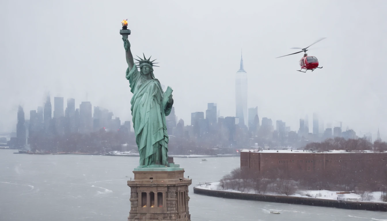 a red toy windup helicopter landing on the head of the statue of liberty, winter, snow falling, new york city skyline in the background, no world trade center