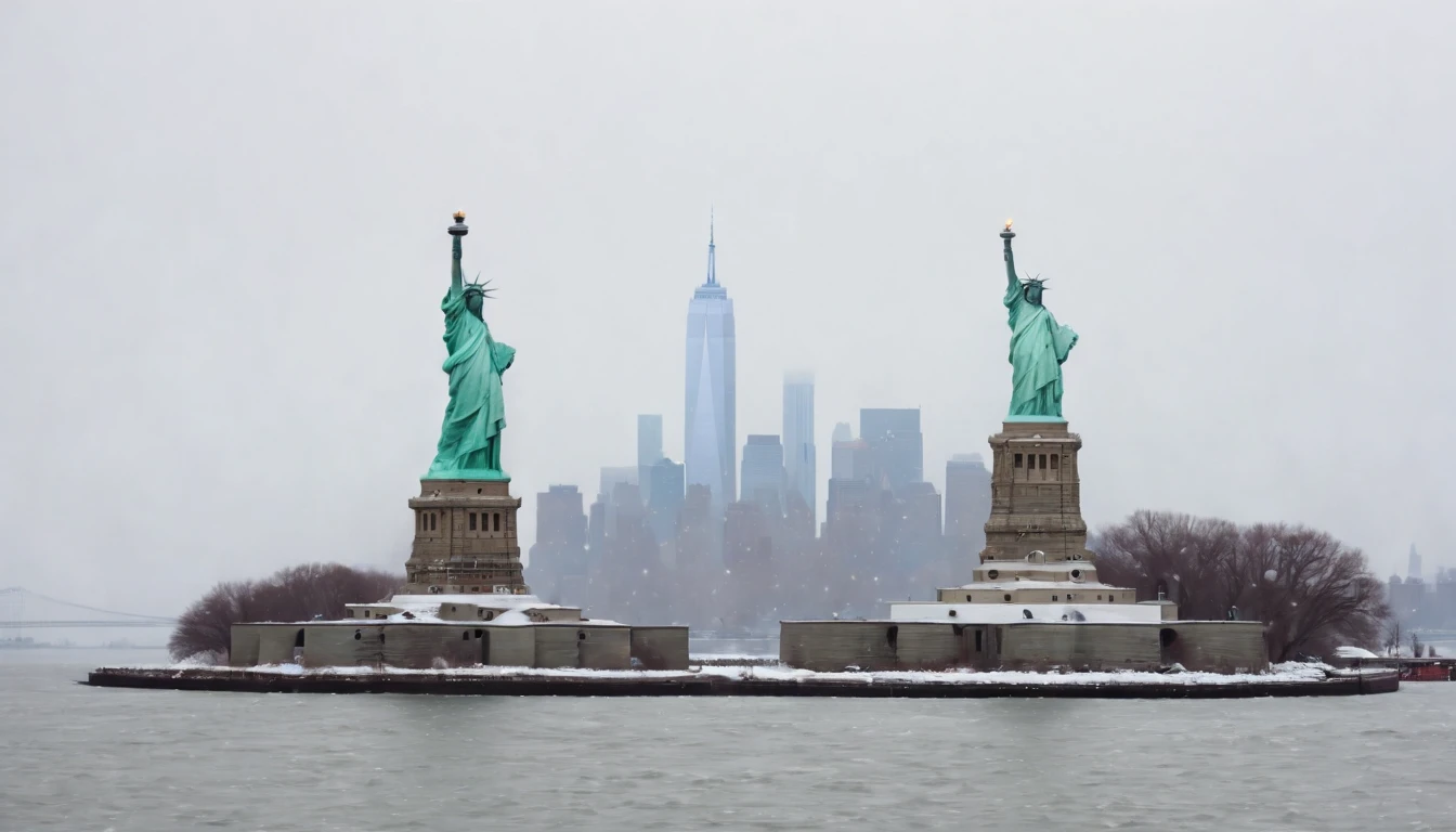 a red toy windup helicopter landing on the head of the statue of liberty, winter, snow falling, new york city skyline in the background, no world trade center