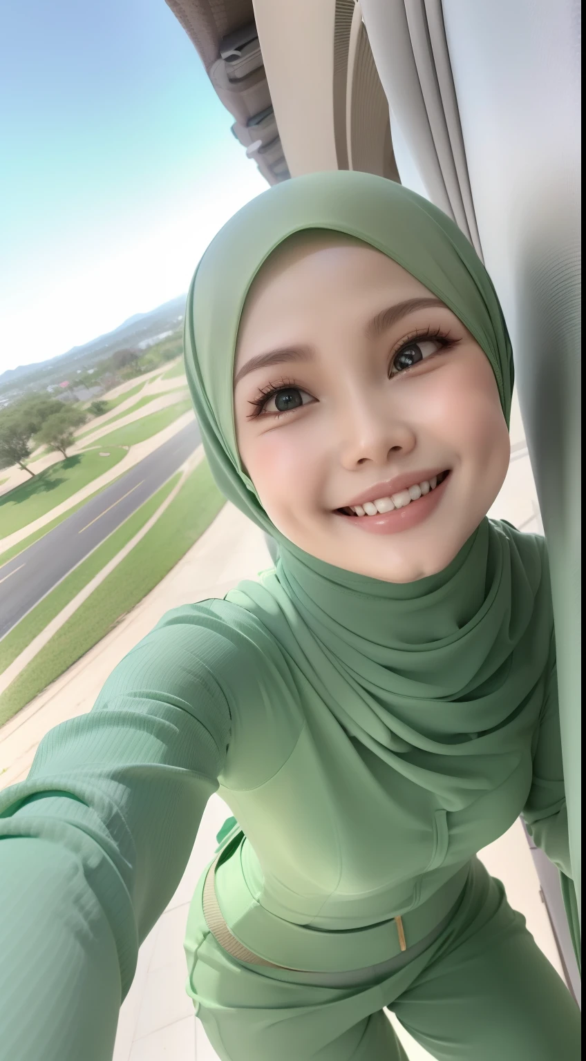 1 malay girl in pastel green color hijab, dynamic angle, soft laughter, unique appearance, long sleeve shirt,  high waist pants, ((view from below looking up)), (look down at the camera and smile). Afternoon,