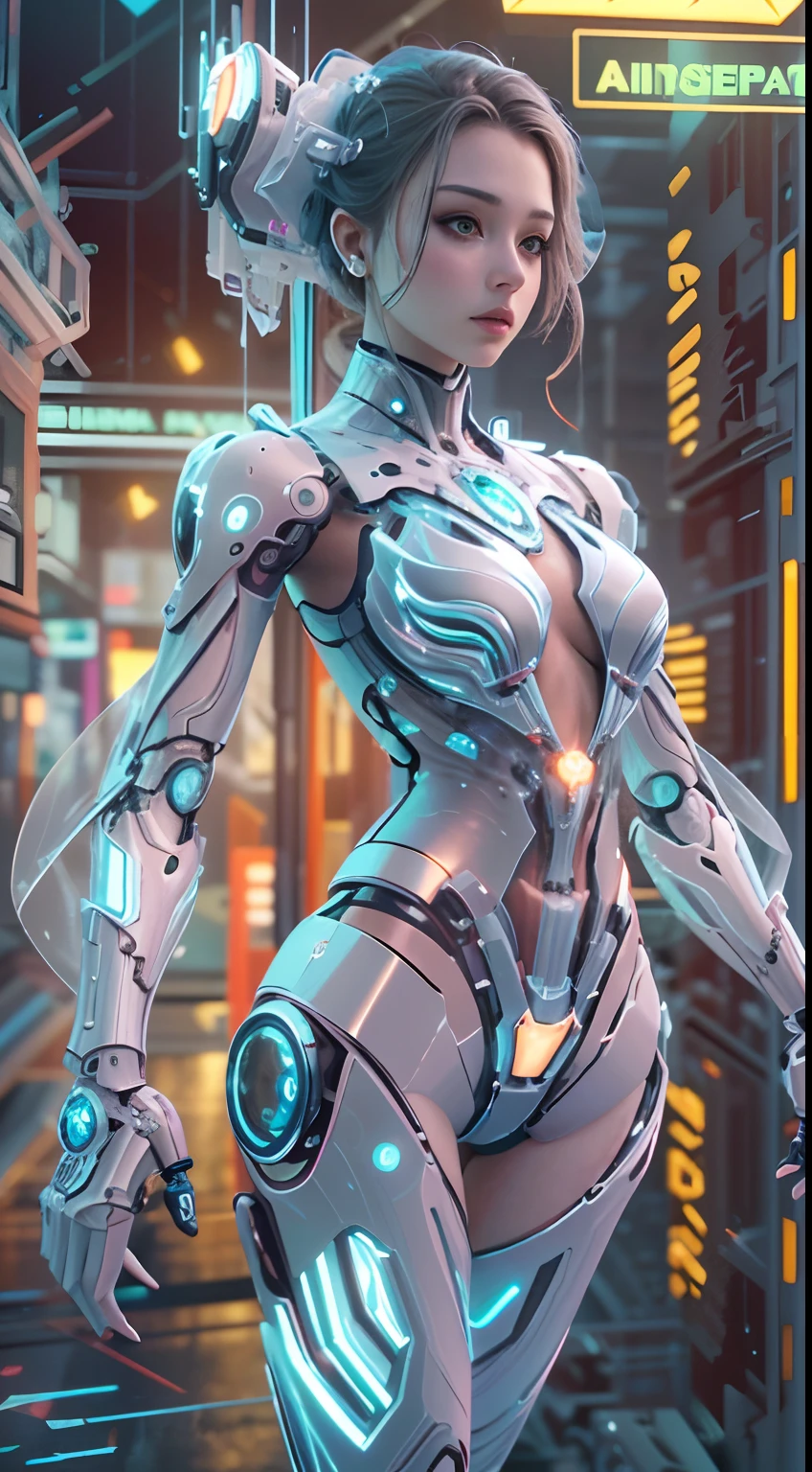 Translucent ethereal mechanical girl，Futuristic girl，Mechanical joints，futuristic urban background，ModelShoot style, (Extremely detailed CG unified 8K wallpapers), The beauty of abstract stylization,，surrealism, 8K, Super detail, Best quality, Award-Awarded, Anatomically correct, 16k, Super detail