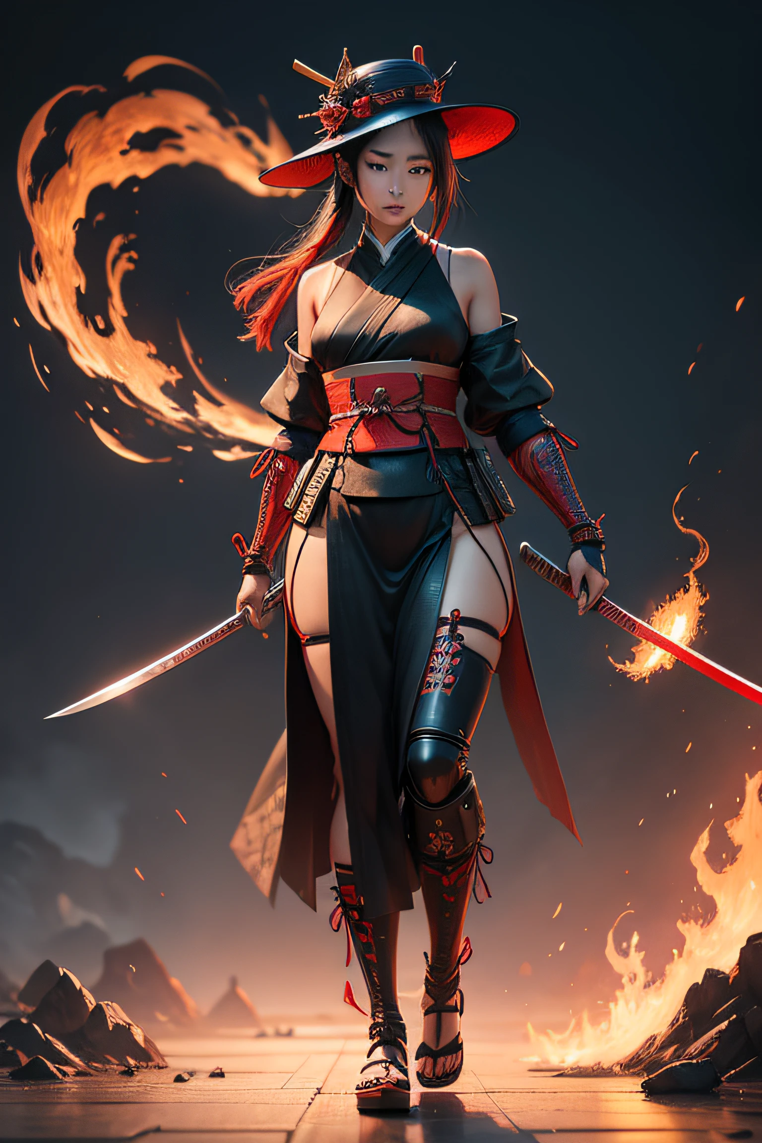 there is a woman holding a sword and fire in a street, ingame image, fire staff, ikki tousen, fire!! full body, wielding a flaming bow,flamethrower, holding flamethrower, wielding fire, flame thrower, she has fire powers, appears as the fire goddess, as a character in tekken, shin megami, remove the background of the girl