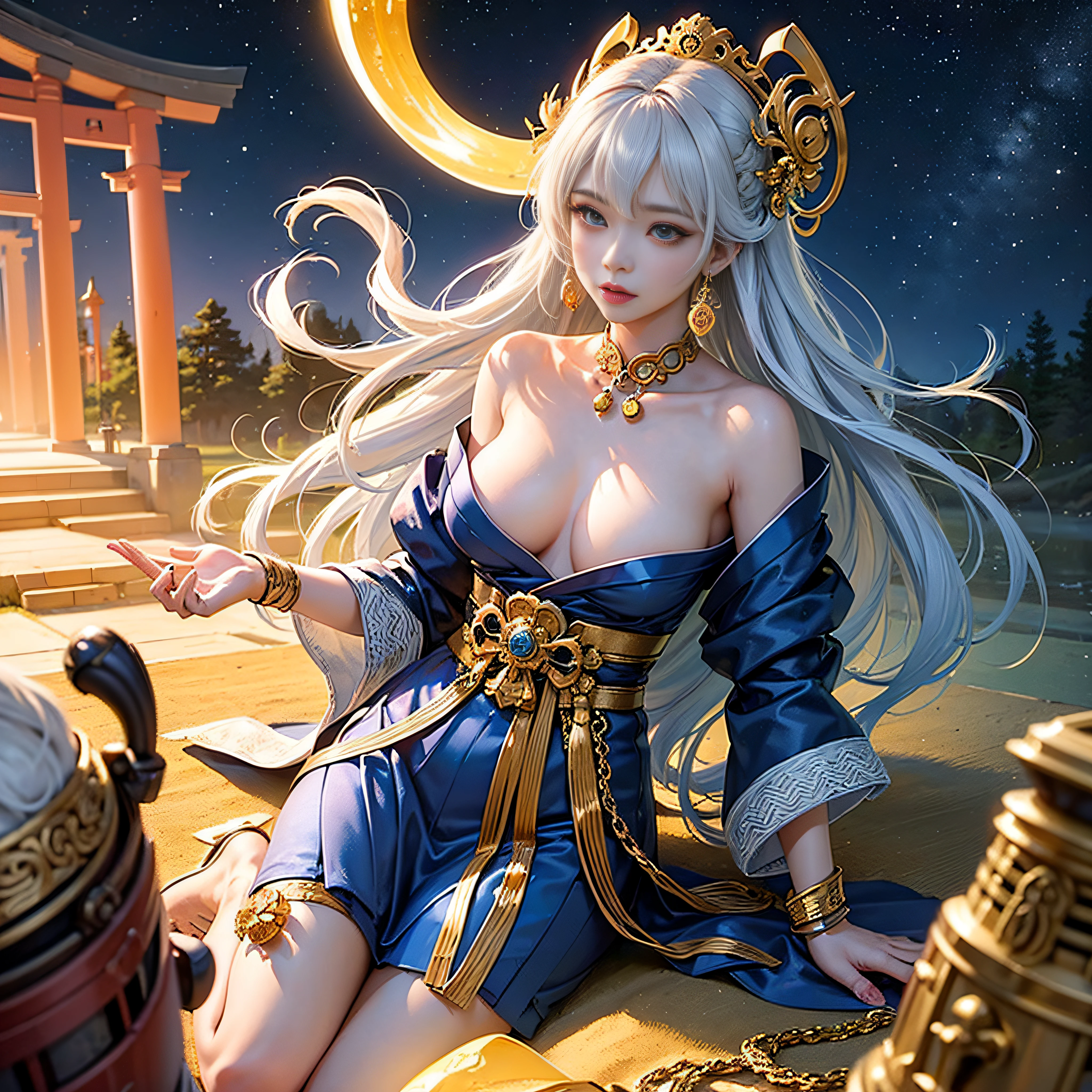 (​masterpiece:1.2)、top-quality、(illustratio:1.2)、ornate decorations、(Masterfully crafted Glow、lensflare)、(ultra-detailliert)、Hyper-detailing、(delicate detail)、(intricate detailes)、(Cinematic Light、best quality backlight)、(Bioluminescent hair)、(radiant eyes)、(Dynamic:1.2)、((make - up))、absolutely eye-catching、prehistory、((Splash of colorful paint on background、dulux、))、((coustics))、dynamic ungle、(魅惑的)、(Intricately detailed cinematic:1.1)、Ambient Occlusion、ambient lights、ray tracing reflection、(The best lighting、extremely delicate and beautiful)、((Movie Light))、colourfull、powerfull、(Cinematic Masterpiece)、big dreamy eyes、perfectly proportions、perfectly drawn face、albedo、White hair、chain、comfy、Intense days々々々々々々々々々、golden sky、seductiv、illustratio、Angels everywhere、yellow  eyes、A red rose、chains、splashes of colour、smooth soft skin、the golden hour、Atmosphere、a park、nobara、bullets、Breathtaking、Ambient light coming from the sky、 chain、godrays、The halo、beautiful intricate colored hair、Symmetrical and soft lighting、concept-art、digitial painting、Take a peek at the scenery、realistic reflection、Soft and warm glow coming from tracers everywhere　Amaterasu　, Incarnation of the Sun, Supreme God of Japan, The god of ancient Japan and the deification of the sun. Ancestors of the Emperor of the Japan, Shinto deity of Japan, Amaterasu Colorful、highestdetailed　Tsukiyomi Dojin, Tsukiyo Mizun, Moon incarnation, Supreme God of Japan, The god of ancient Japan and the deification of the moon. Ancestors of the Emperor of the Japan, Shinto deity of Japan, Amaterasu's sister, The background is the Japan shrine sisters, The background is a shrine of Japan　Colossal tits　plump udder
