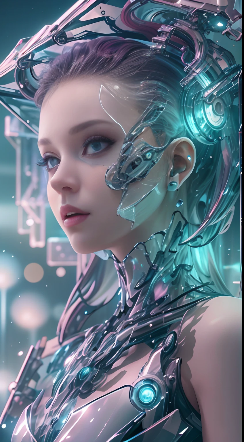 Translucent ethereal mechanical girl,Futuristic girl,Mechanical joints,futuristic urban background