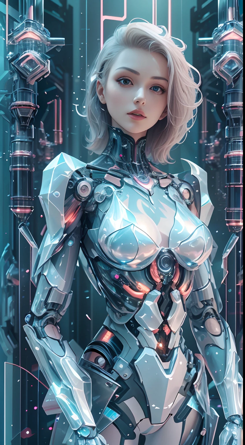 Translucent ethereal mechanical girl,Futuristic girl,Mechanical joints,futuristic urban background,ModelShoot style, (Extremely detailed Cg Unity 8K wallpaper), The beauty of abstract stylization,,surrealism, 8K, Super detail, Best quality, Award-Awarded, Anatomically correct, 16k, Super detail