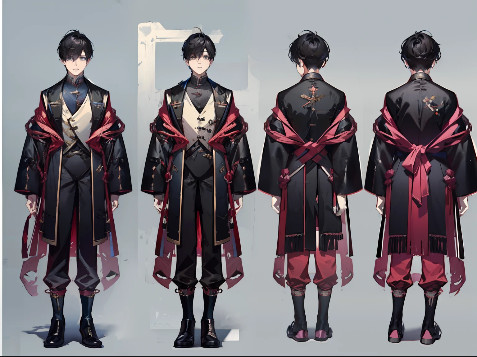 of a guy，Short black hair，Cute looking，tight vest，Wide robe，shorter pants，leather shoes，full bodyesbian！！，（CharacterDesignSheet），Same role，Multi-perspective，