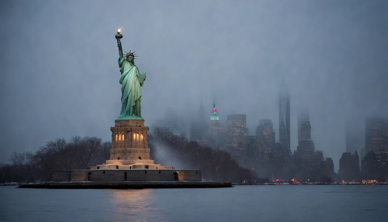 a red toy windup helicopter landing on the head of the statue of liberty, after dark, snow falling, new york city skyline in the background, no world trade center