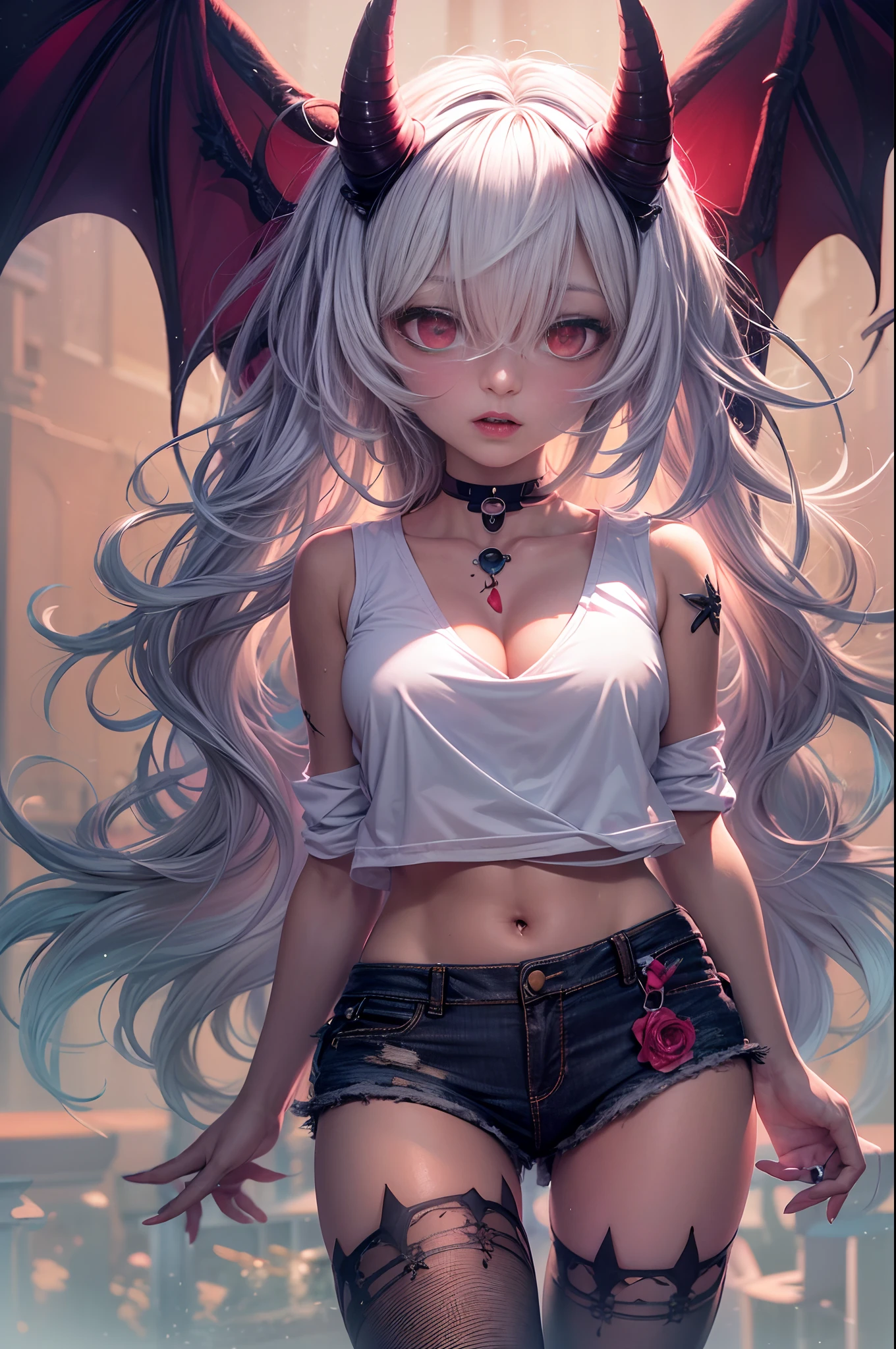 (best quality,4k,highres),sexy demon loli,open denim shorts,white wet t-shirt,bare midriff,underboob,batwings,dracula fangs,gazing at viewer,portraits,vivid colors,dark and atmospheric lighting