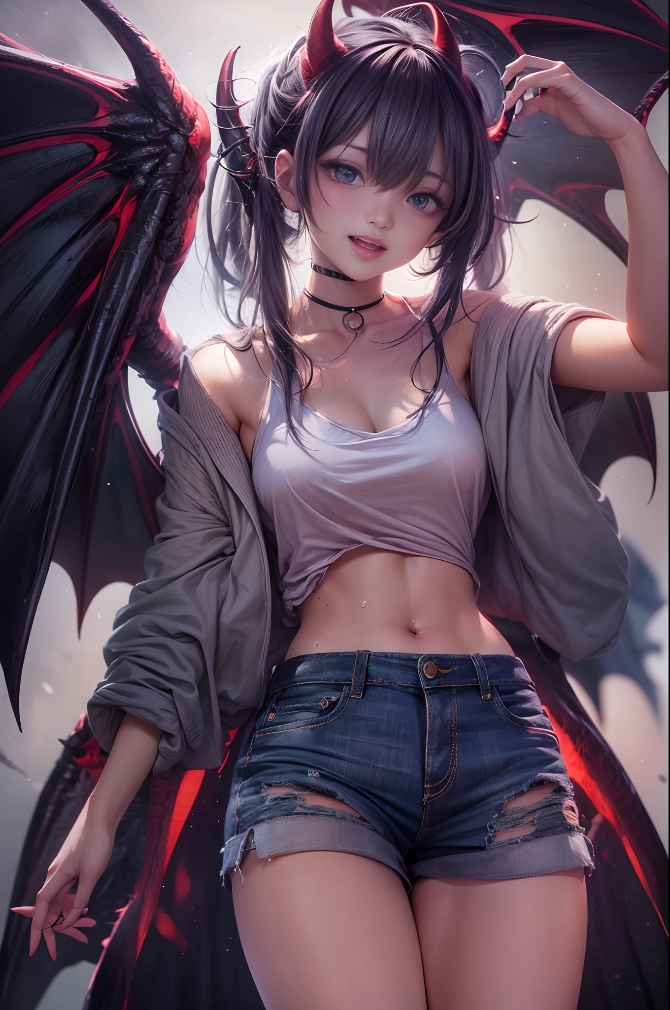 (best quality,4k,highres),sexy demon loli,open denim shorts,white wet t-shirt,bare midriff,underboob,batwings,dracula fangs,gazing at viewer,portraits,vivid colors,dark and atmospheric lighting