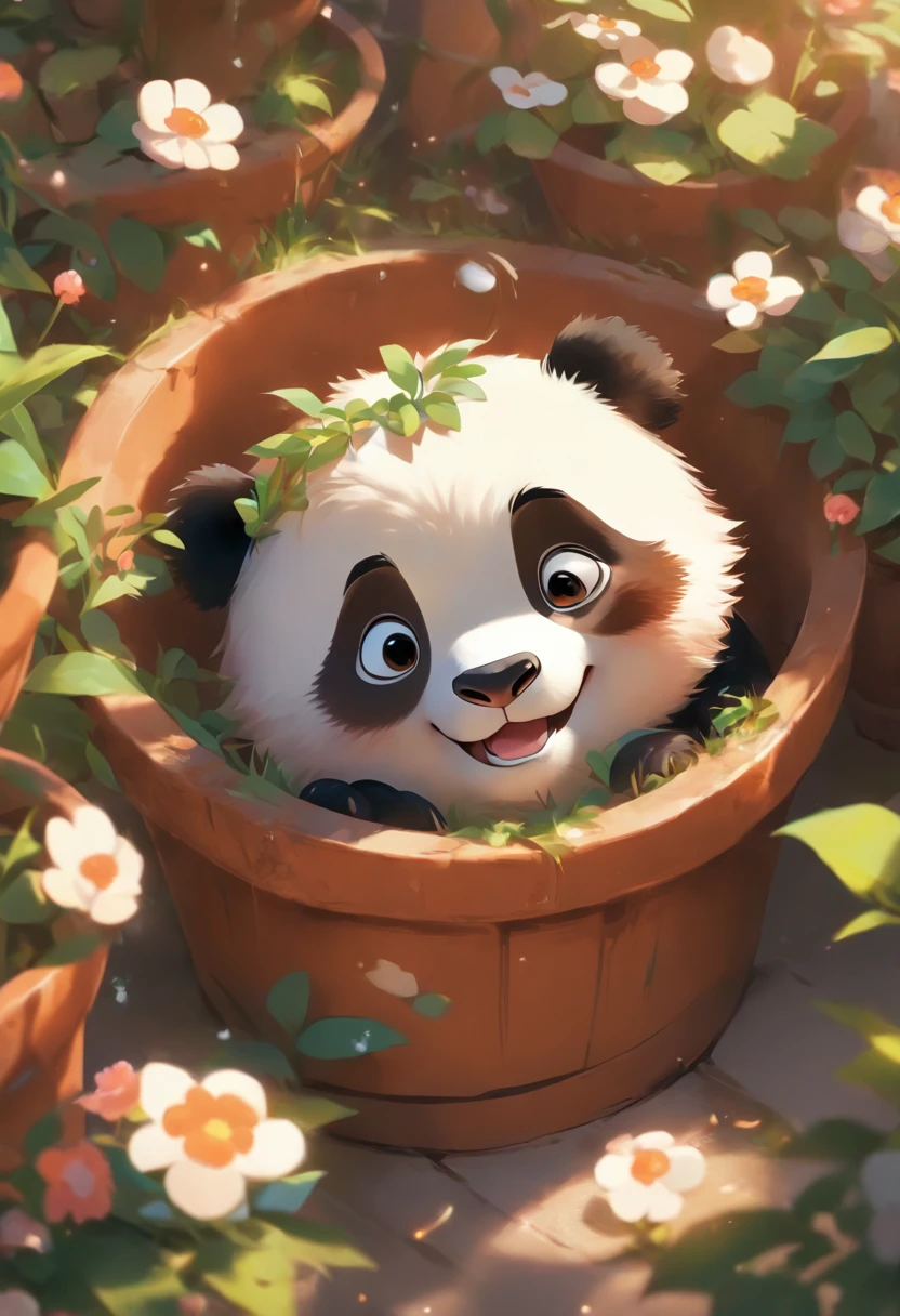 A cute panda lying on his stomach in a flower pot,Has big eyes,differentemotions,Different poss and expressions。vred,grievance,cute little,having fun,high detal((white solid background))