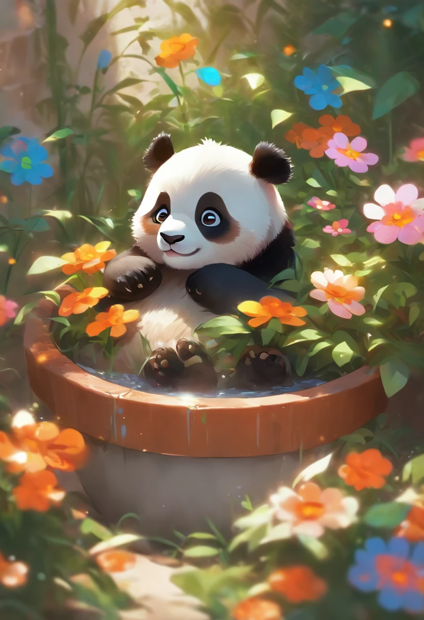 A cute panda lying on his stomach in a flower pot,Has big eyes,differentemotions,Different poss and expressions。vred,grievance,cute little,having fun,high detal((white solid background))