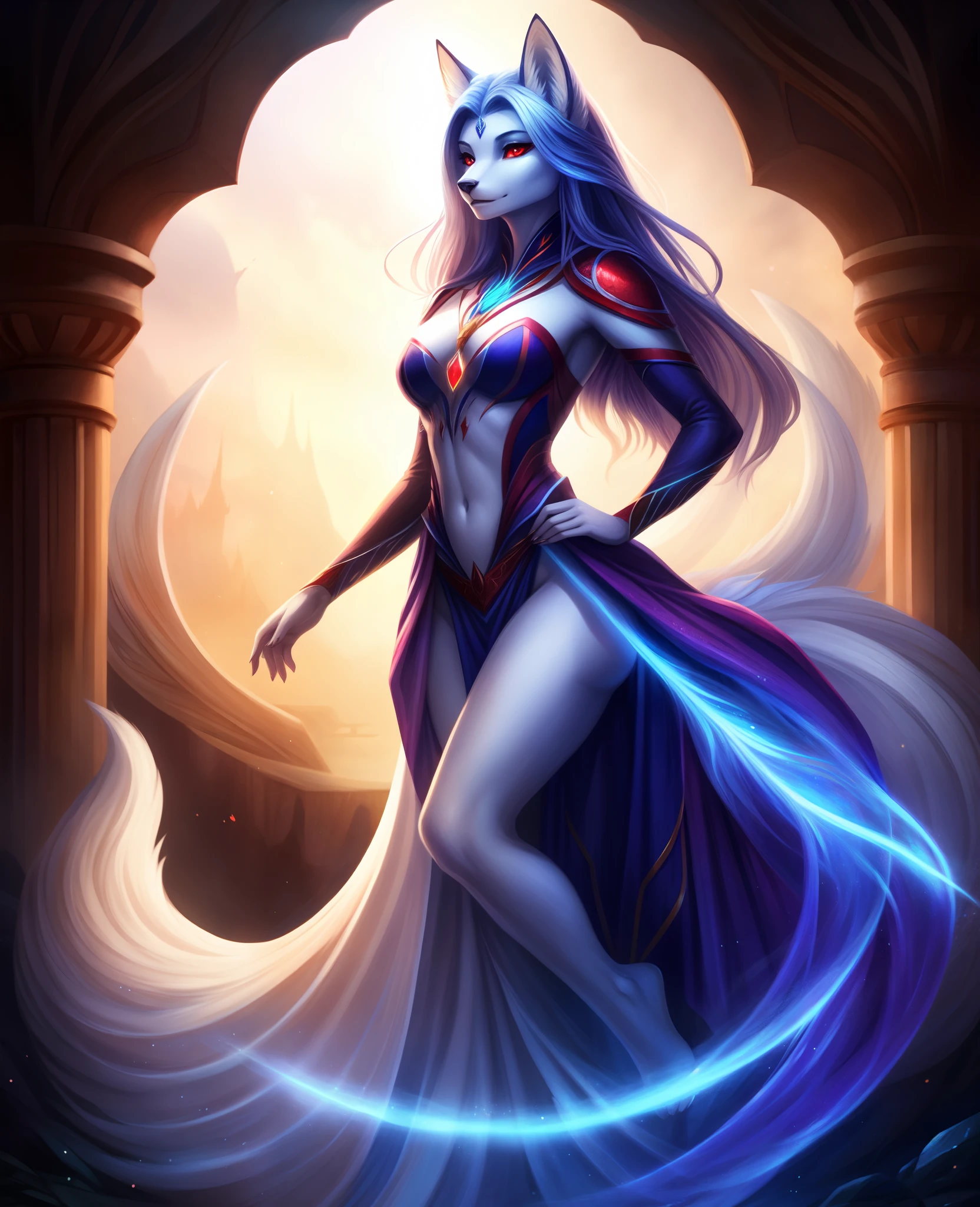 Skysky,Beautiful nine-tailed fox banshee,light glow,Red eyes,detailed fantasy art,dream magical,Stunning character art, Beautiful and exquisite character art, Beautiful white tail, extremely detaile, Full body capture