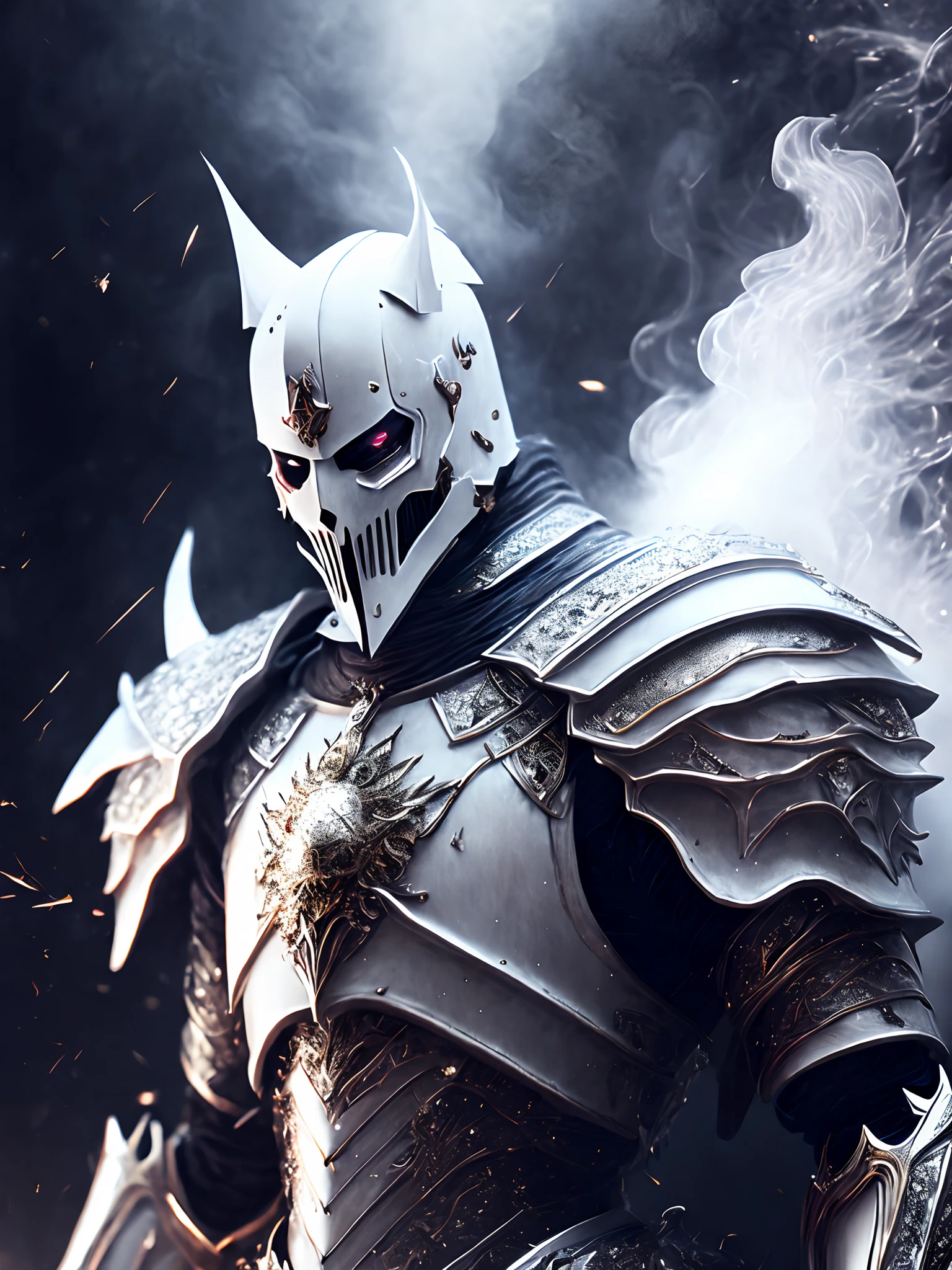 Close-up ( creepy white knight in Goth style: 1.3) emerging from the Ghsot under world, extremely detailed, smoke, sparks, metal shavings, flying debris, volumetric light