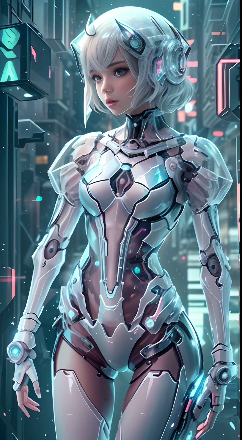 Translucent ethereal mechanical girl,Futuristic girl,Mechanical joints,futuristic urban background