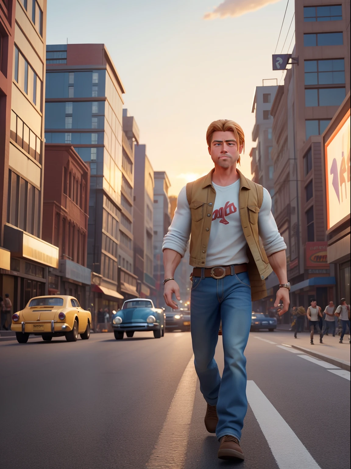 A waist high potrait of brad pitt manly character well built, wearing casual clothes, in the style of Pixar Animation, walking on a busy big city street, cars, people, dynamic action poses, sunrise, rich colours , 3d render unreal engine , octane render , intricately detailed, 8k, Pixar Animation.