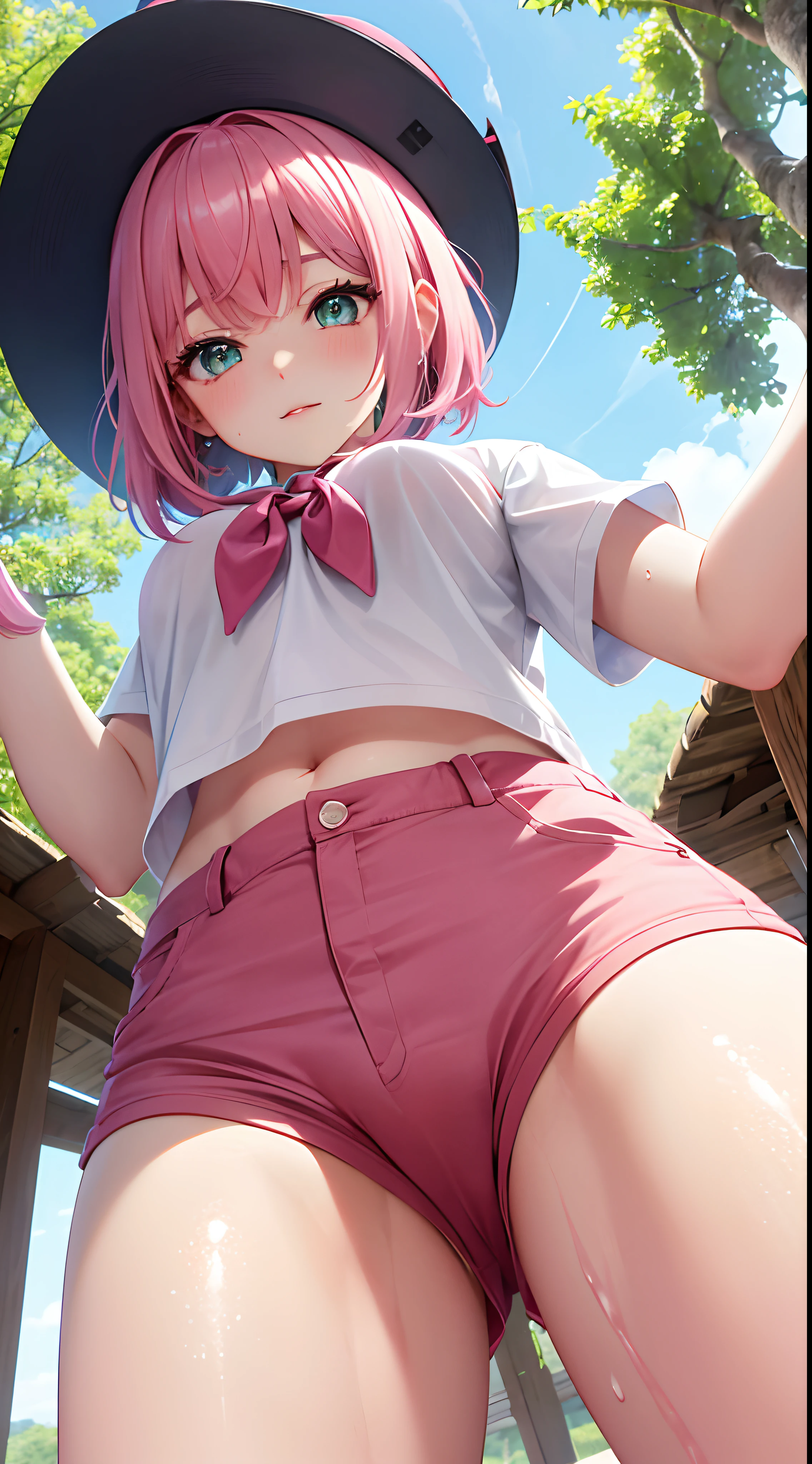 )pink shorth hair、Light green eyed girl)、(Wearing an ultra-short school uniform and opening legs)、(red blush)、(viewed from below)、(Pants are visible)、(Pants are wet with white sticky)
