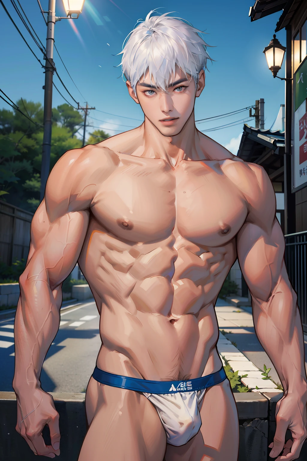 A Korean man, Slim body , Pale Asian skin, good eyes, Detailed body,massive bulge, Detailed face, Wear white thongs, Bare lower body, Good outdoor lighting, A sexy pose, Good expression , Sexy but cute, No beard, ,Only thongs, A handsome face like a K-pop idol, Topless