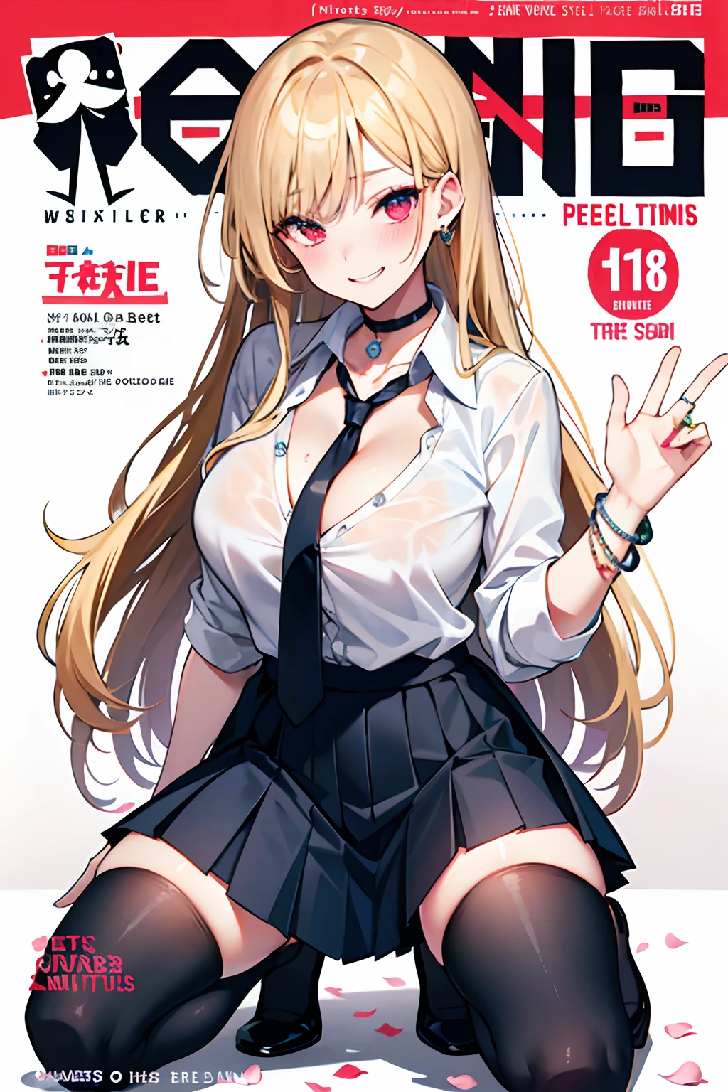 masterpiece, best quality, full body,
1girl, bangs, black choker, black necktie, blonde hair, blue skirt, blush, bracelet, breasts, choker, clothes around waist, collarbone, collared shirt, cowboy shot, dress shirt, ear piercing, eyebrows visible through hair, gradient hair, grin, gyaru, jewelry, kogal, long hair, looking at viewer, loose necktie, necktie, piercing, plaid, plaid skirt, pleated skirt, red eyes, ring, school uniform, shirt, skirt, smile, solo, white shirt,
street, sky, cherry blossoms, petals,illustration, (magazine:1.3), (cover-style:1.3), fashionable, woman, vibrant, outfit, posing, front, colorful, dynamic, background, elements, confident, expression, holding, statement, accessory, majestic, coiled, around, touch, scene, text, cover, bold, attention-grabbing, title, stylish, font, catchy, headline, larger, striking, modern, trendy, focus, fashion, hentai, sexy, hot, nude, naked, porn, lewd, blush, seductive face, side slit dress, showing cleavage, big tits, thick thighs, big ass, kneeling, sucking dildo