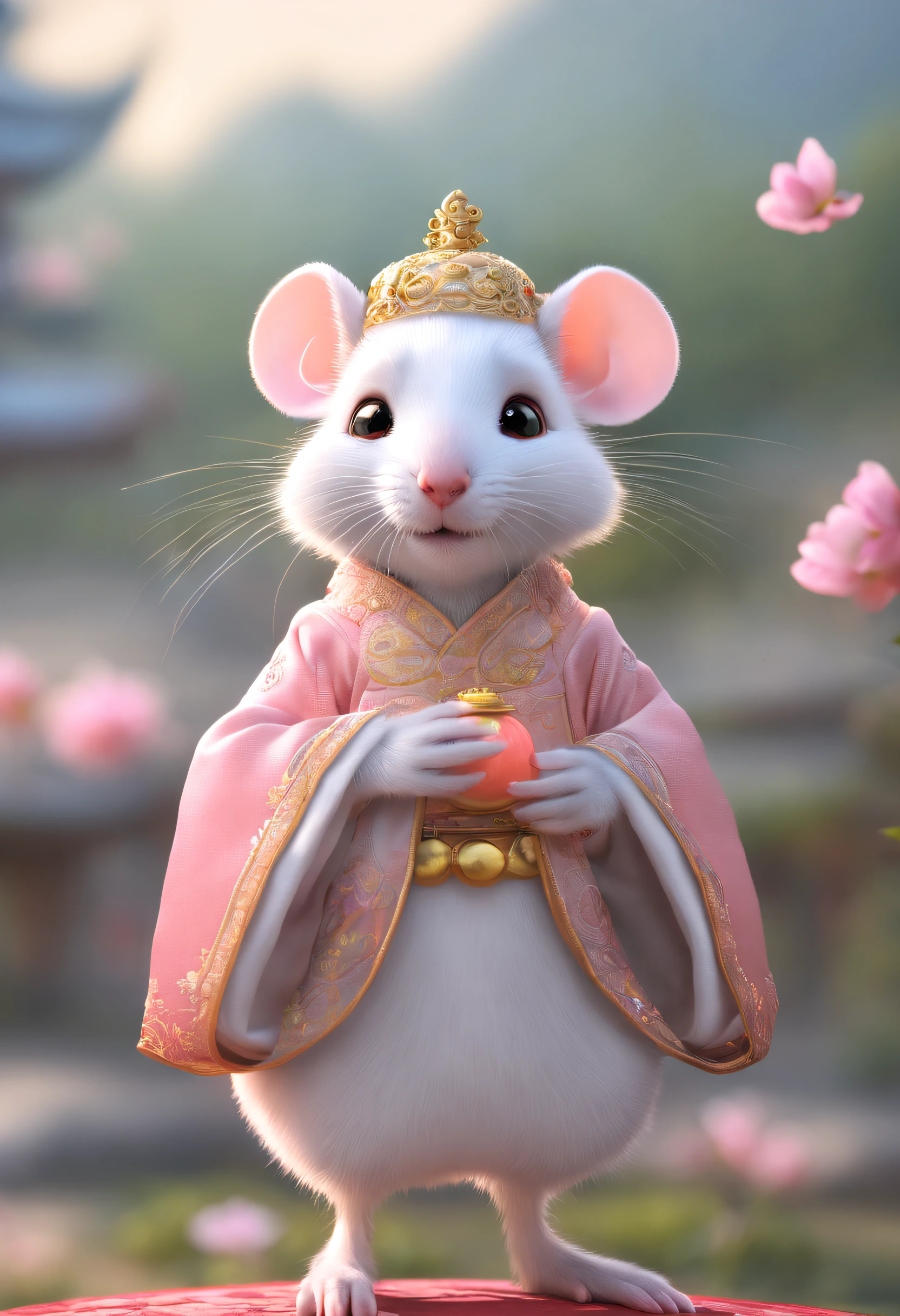 A little white rat in a soft Chinese Tang Dynasty Chinese costume, super cute,wears a crown on its head, cinematic lighting, intricate filigree design, Pixar style, anthropomorphic, holding a pink lantern, big eyes, smile, peach blossom, flow, charming, immortal, fluffy, shiny bristles, ptals, fairy tale, unreal engine 5 and octane rendering, incredibly detailed, 4K, trending in art station, gorgeous, Super wide angle, 4K --ar 10:16 --test --video --upbeta