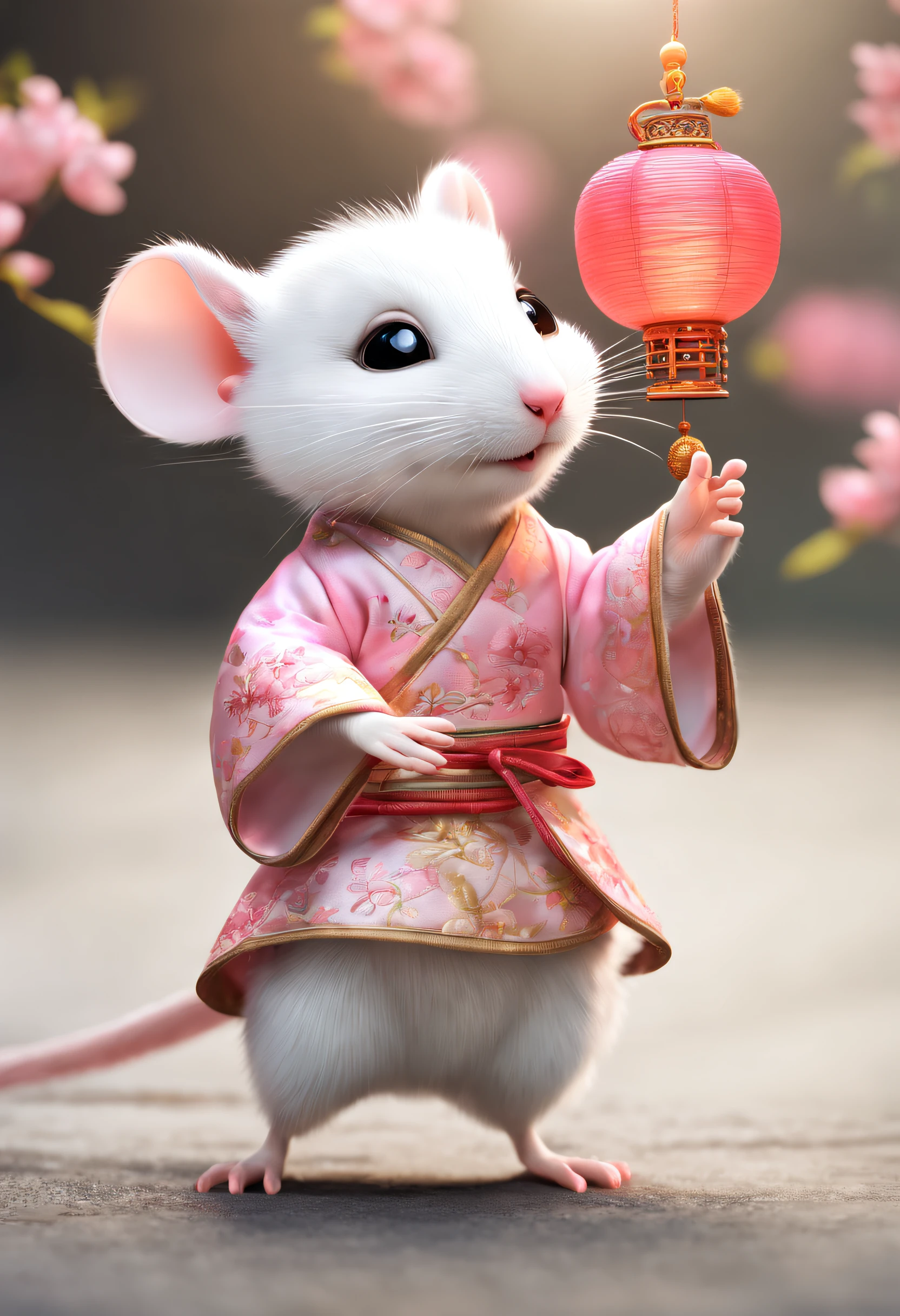 A little white rat in a soft Chinese Tang Dynasty Chinese costume, super cute, cinematic lighting, intricate filigree design, Pixar style, anthropomorphic, holding a pink lantern, big eyes, smile, peach blossom, flow, charming, immortal, fluffy, shiny bristles, ptals, fairy tale, unreal engine 5 and octane rendering, incredibly detailed, 4K, trending in art station, gorgeous, Super wide angle, 4K --ar 10:16 --test --video --upbeta