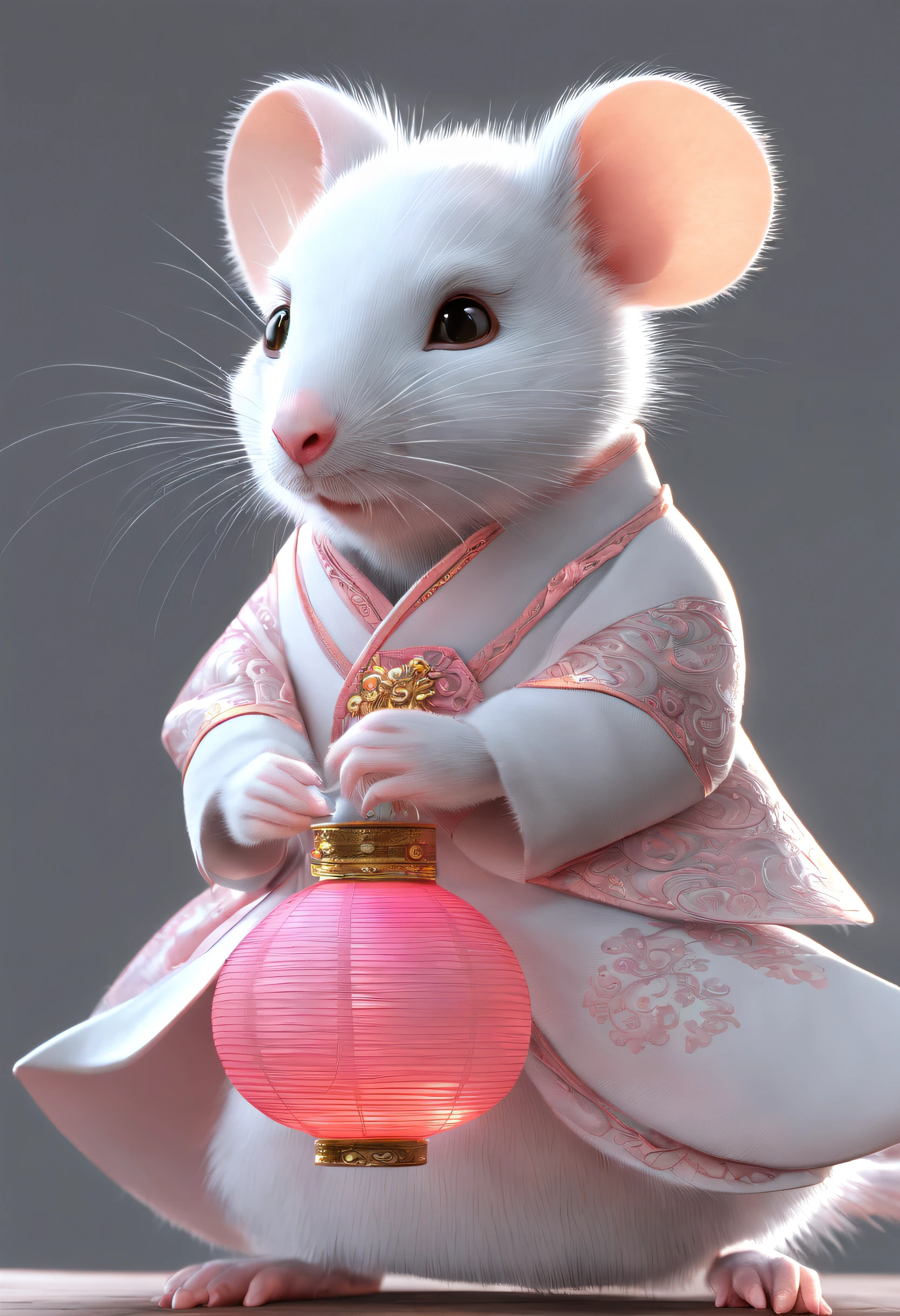 A little white rat in a soft Chinese Tang Dynasty Chinese costume, super cute, cinematic lighting, intricate filigree design, Pixar style, anthropomorphic, holding a pink lantern, big eyes, smile, peach blossom, flow, charming, immortal, fluffy, shiny bristles, ptals, fairy tale, unreal engine 5 and octane rendering, incredibly detailed, 4K, trending in art station, gorgeous, Super wide angle, 4K --ar 10:16 --test --video --upbeta