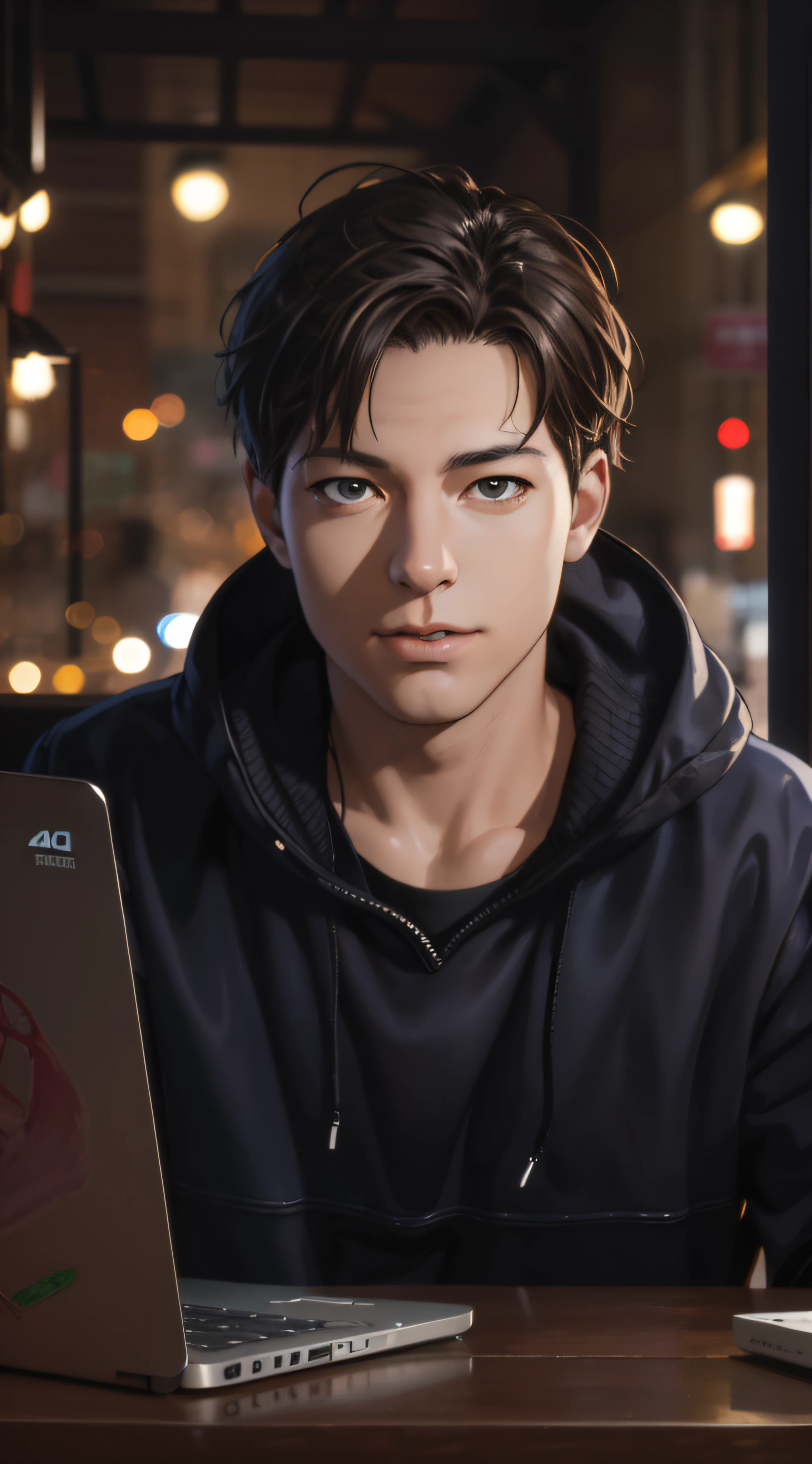 Close up portrait of a person sitting at a table on a laptop, Realistic art style, Peter Parker, Photorealistic Art Style, Realistic art style, realism artstyle, background artwork, Realistic style, 4k detailed digital art, Detailed Digital Anime Art, realistic anime 3 d style, Cartoon style