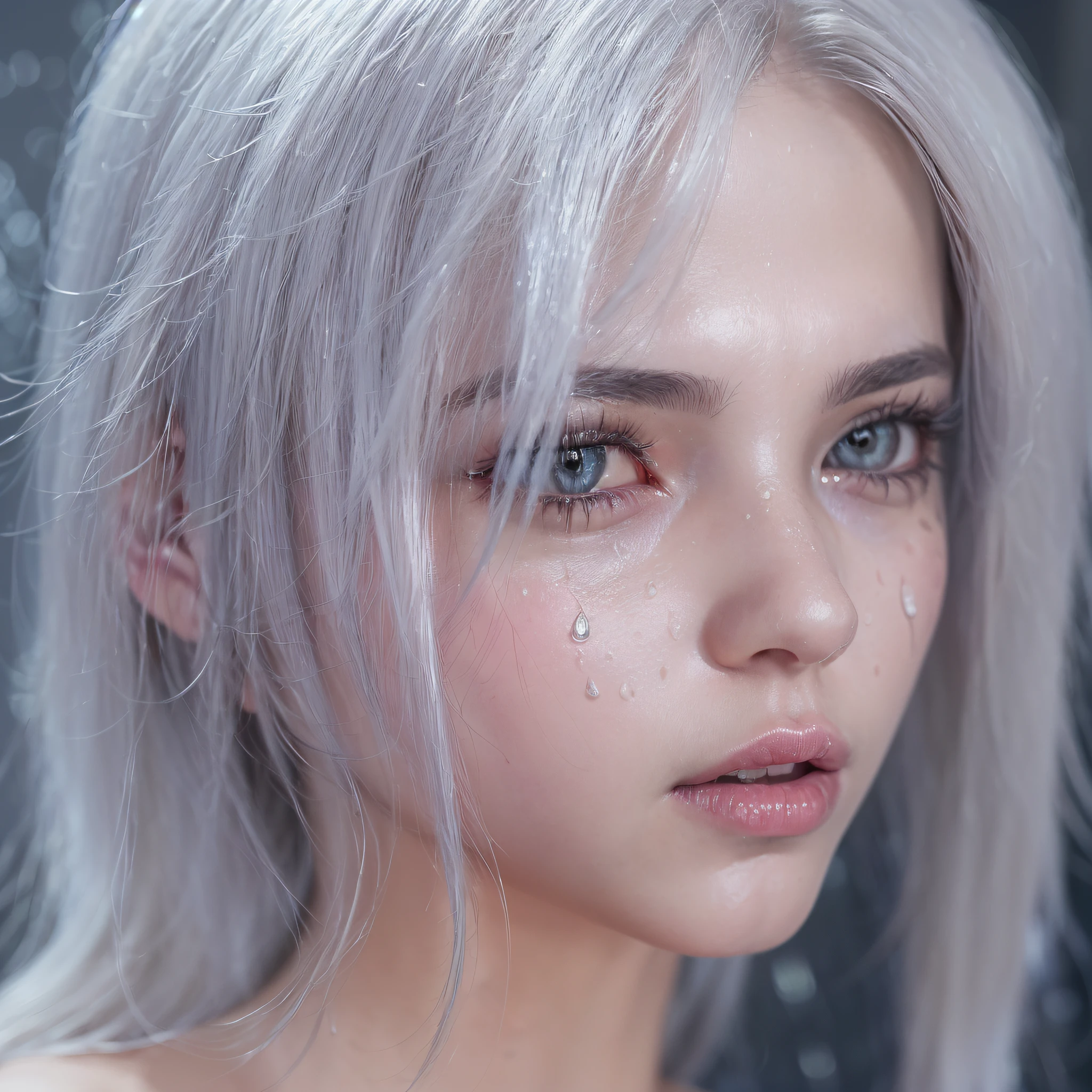 (best quality, 8k, highres, photorealistic:2.0), (solo, one girl:2.0),(lighting: front),(lighting: strong),(Beauty:2.0),(shiny skin:1.5),(oily skin:1.5),(platinum blue hair:1.5),Blush brown makeup , dark eye makeup , use pink glossy lipstick,(big eyes girl:1.5),(emphasize cleavage),(shoulder strapless tiny micro bikini top),((big breasts)),(girl screaming loudly),(Drooling and sucking gesture:1.3),(drool),(look at the viewer:1.6),((amazing orgasm)),(((sexual passion))),bimbo