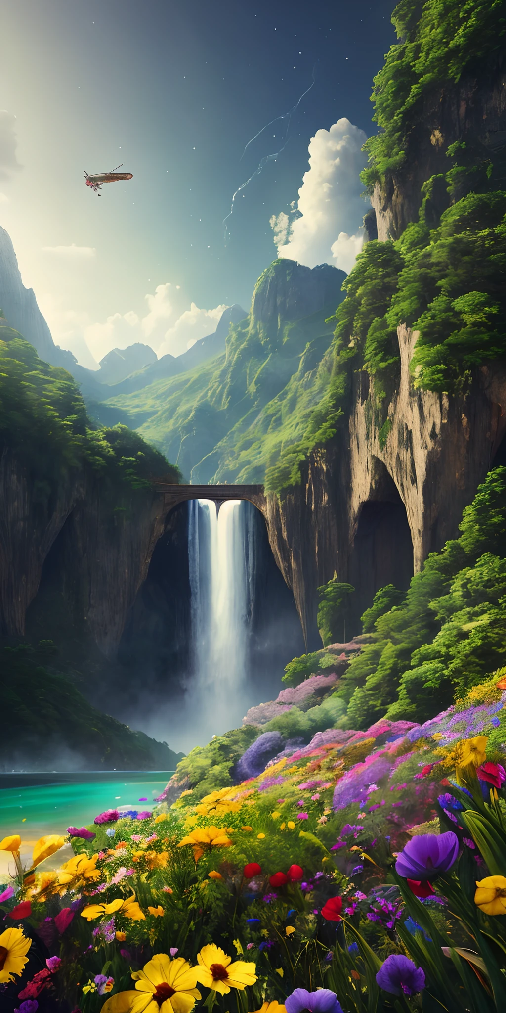 masterpiece, best quality, high quality, extremely detailed CG unity 8k wallpaper, scenery, outdoors,flower, cloud, day, no humans, mountain, landscape, water, tree, snowing, waterfall, cliff, nature, lake, river, snowflakes,award winning photography, Bokeh, Depth of Field, HDR, bloom, Chromatic Aberration ,Photorealistic,extremely detailed, trending on artstation, trending on CGsociety, Intricate, High Detail, dramatic, art by midjourney, sky waterfall, rainbow