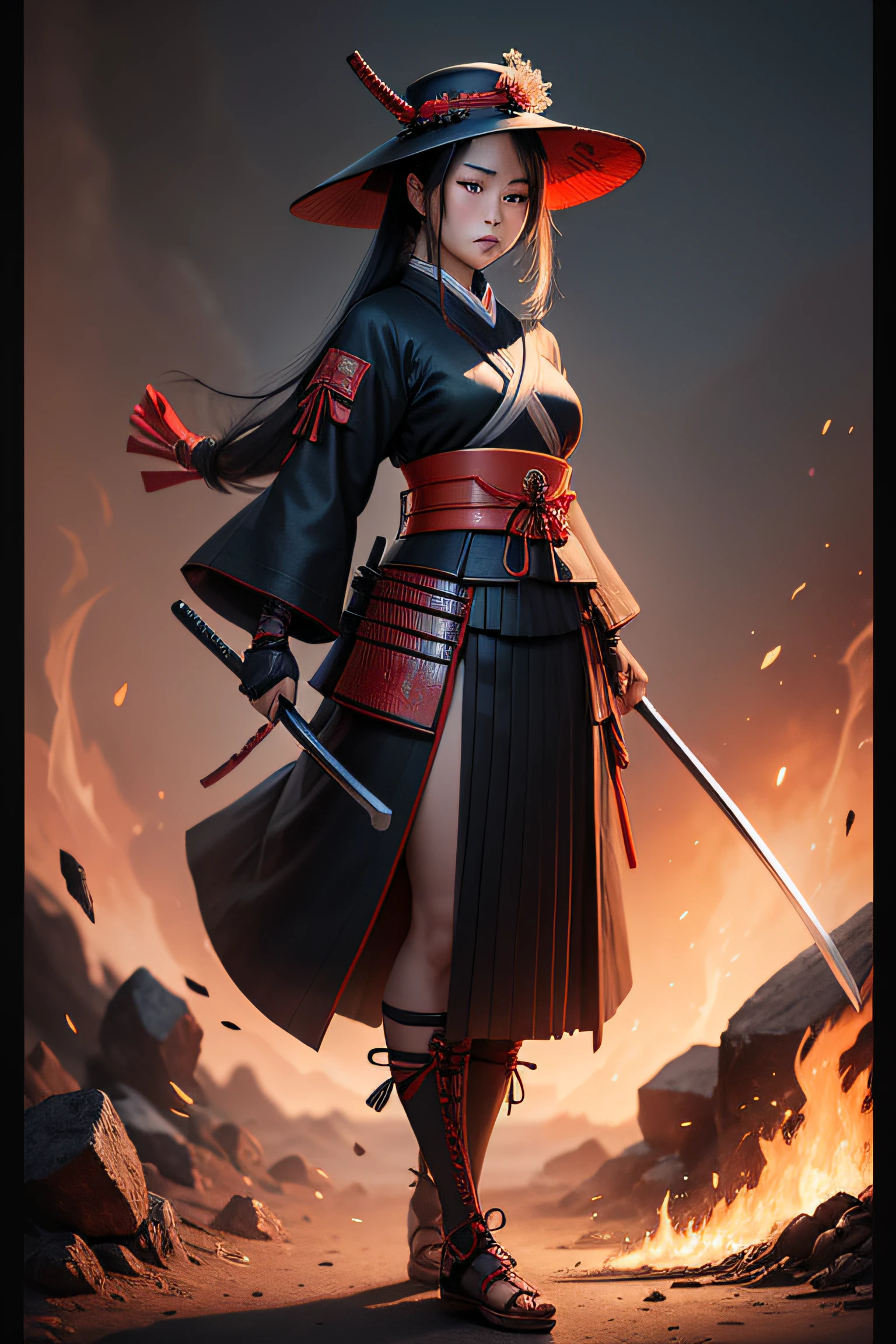 Beautiful Japanese woman from the front, Volcanic Cone Black Bamboo Hat Samurai with red ribbon, highly detailed image, full body, Samurai sword. By leandrojsj