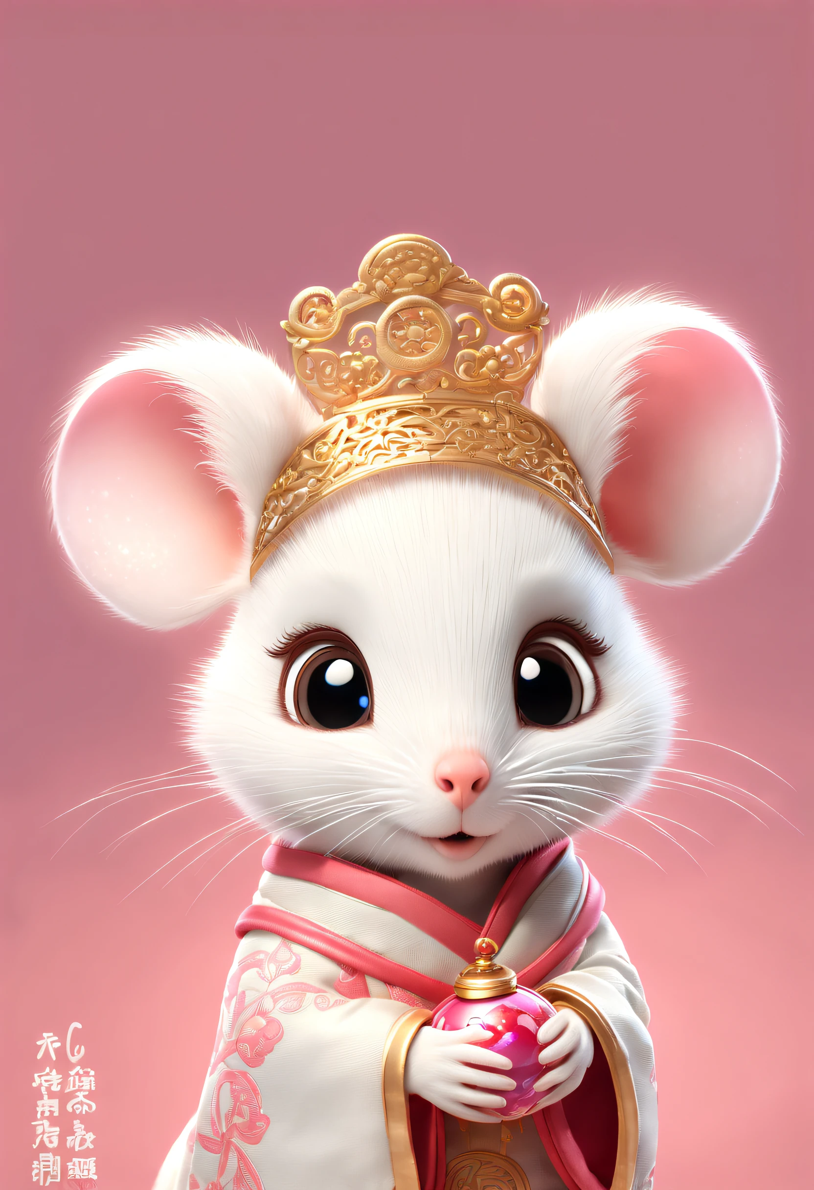 A little white rat in a soft Chinese Tang Dynasty Chinese costume, super cute, intricate filigree design, Pixar style, anthropomorphic, holding a pink lantern, big eyes, smile, peach blossom, flow, charming, immortal, fluffy, shiny bristles, ptals, fairy tale, unreal engine 5 and octane rendering, incredibly detailed, 4K, trending in art station, gorgeous, Super wide angle, 4K --ar 10:16 --test --video --upbeta