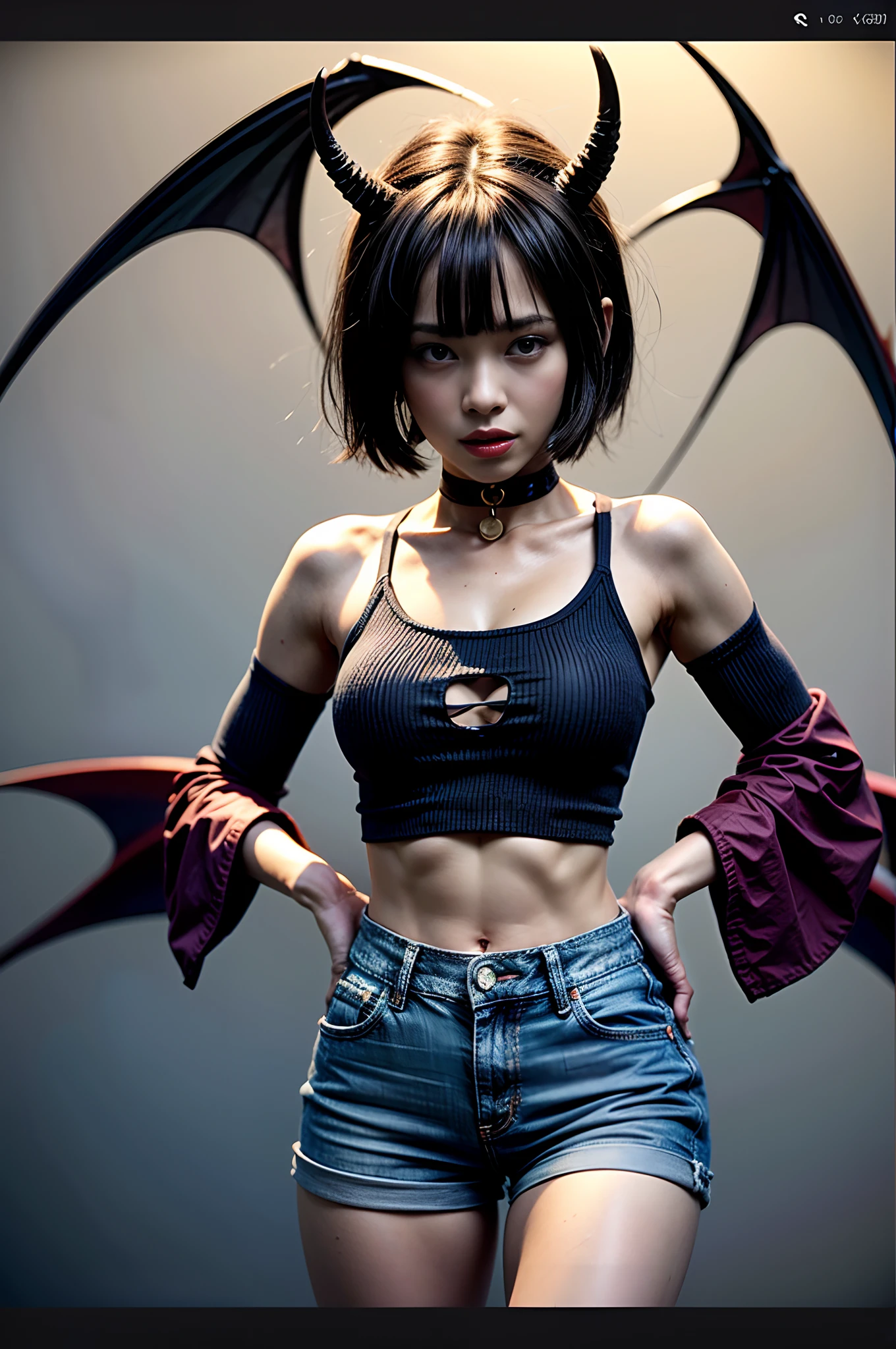 (best quality,4k,highres),sexy demon ,open denim shorts,white wet t-shirt,bare midriff,underboob,batwings,dracula fangs,gazing at viewer,portraits,vivid colors,dark and atmospheric lighting